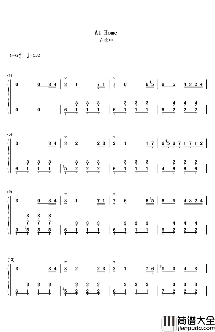 在家中钢琴简谱_数字双手_利什内