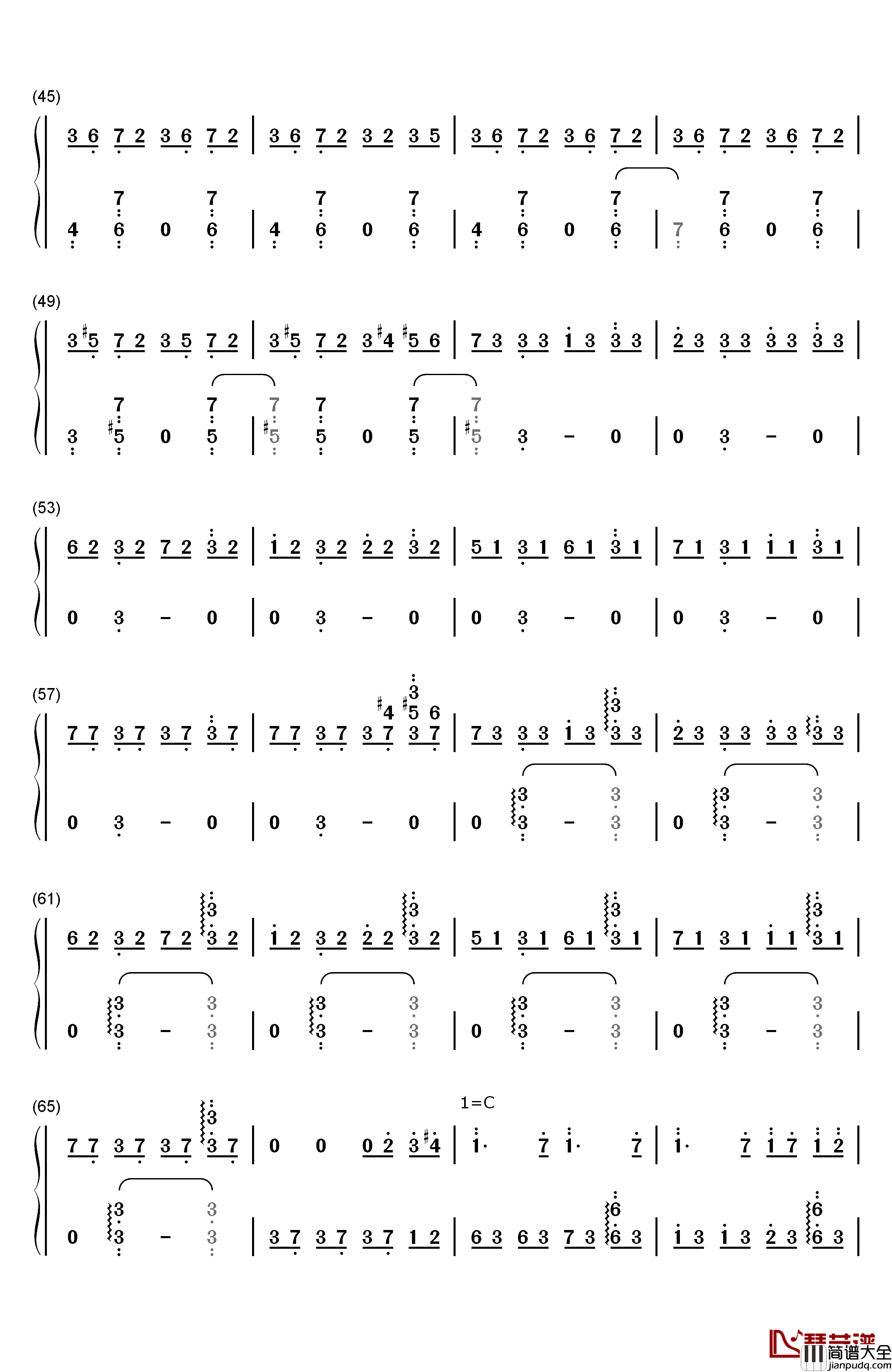 几度枫红钢琴简谱_数字双手_林海