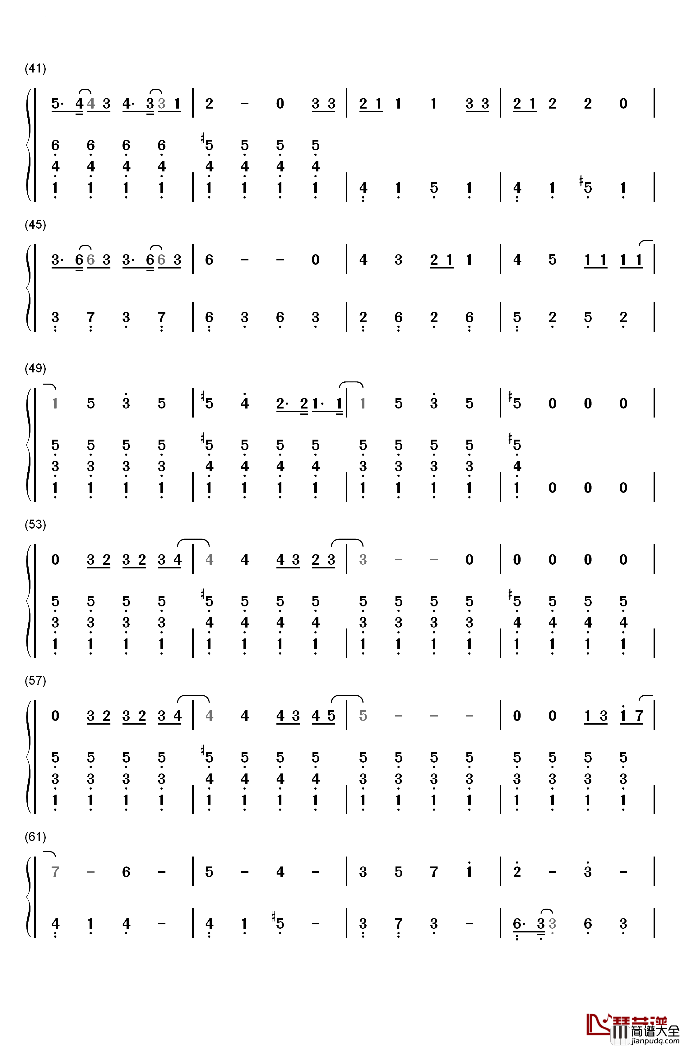 니가_내려와你下来吧钢琴简谱_数字双手_Jellyfish家族