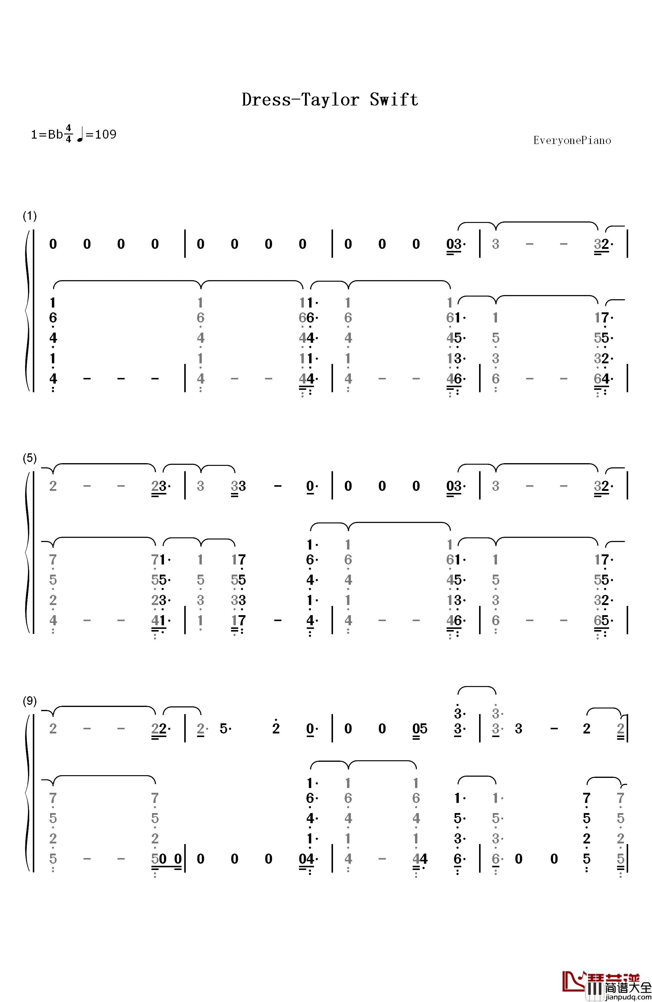 Dress钢琴简谱_数字双手_Taylor_Swift