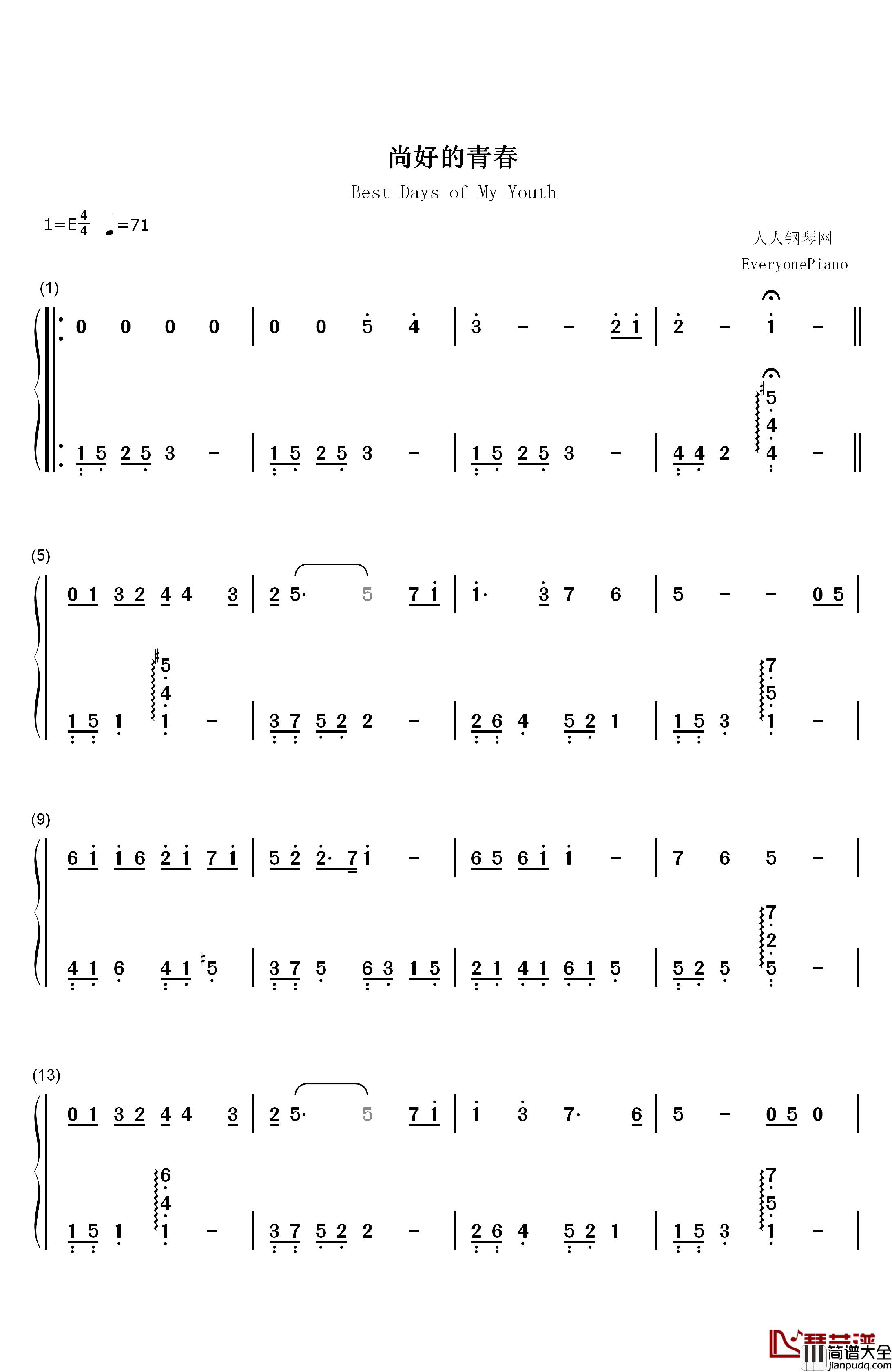 尚好的青春钢琴简谱_数字双手_孙燕姿