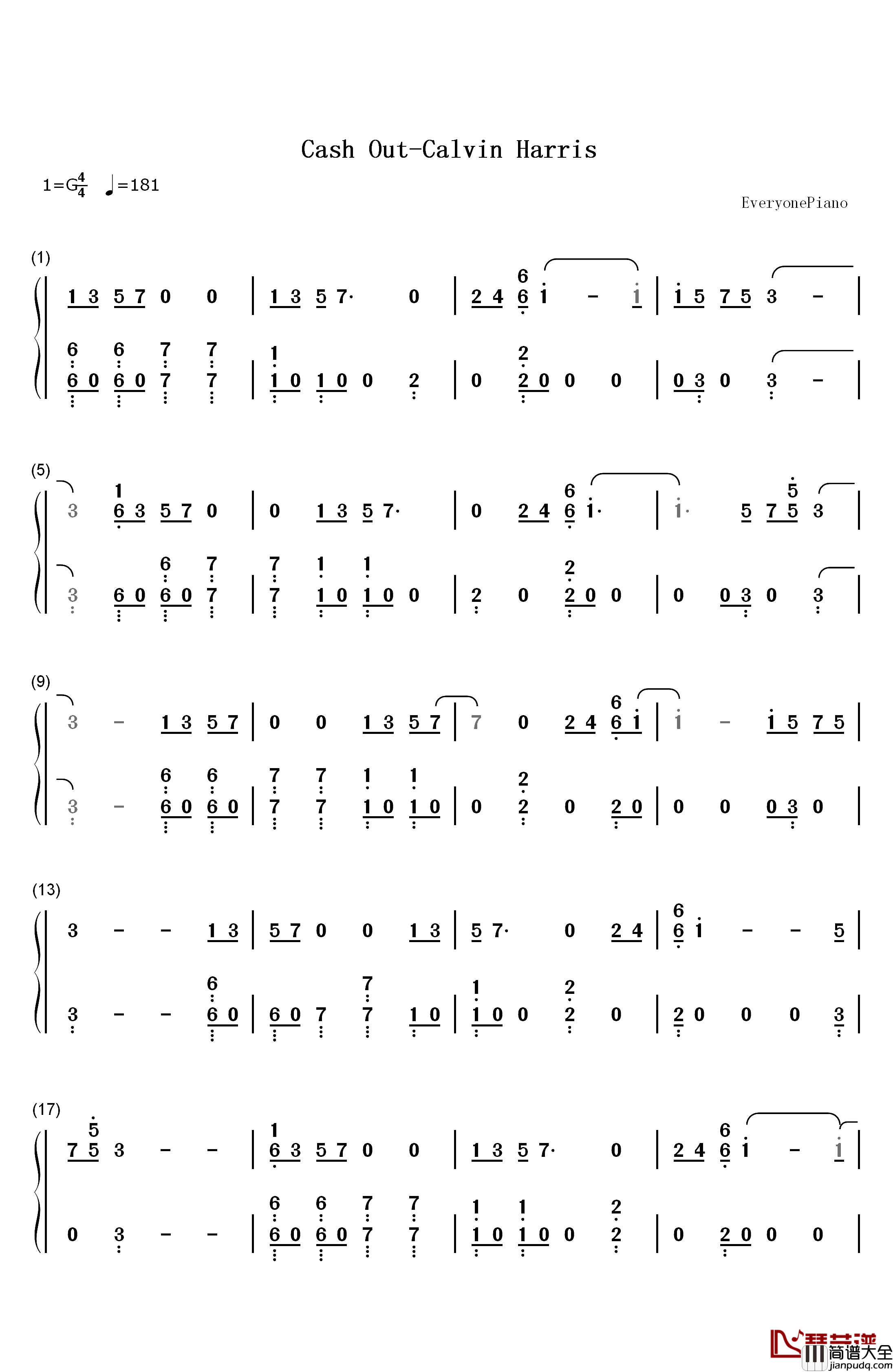 Cash_Out钢琴简谱_数字双手_Calvin_Harris