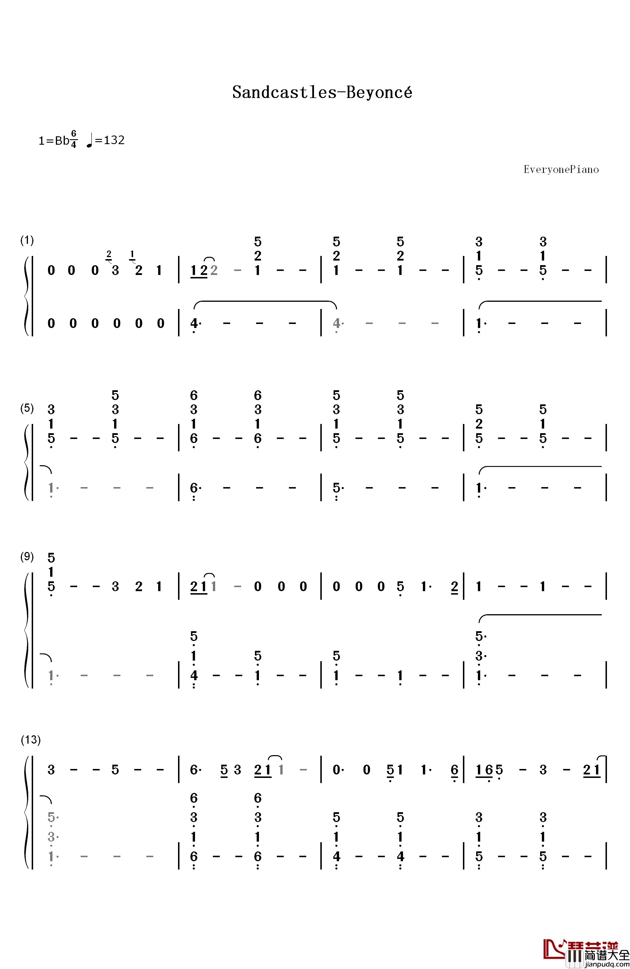 Sandcastles钢琴简谱_数字双手_Beyoncé