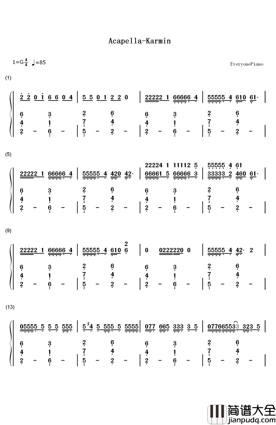 Acapella钢琴简谱_数字双手_Karmin