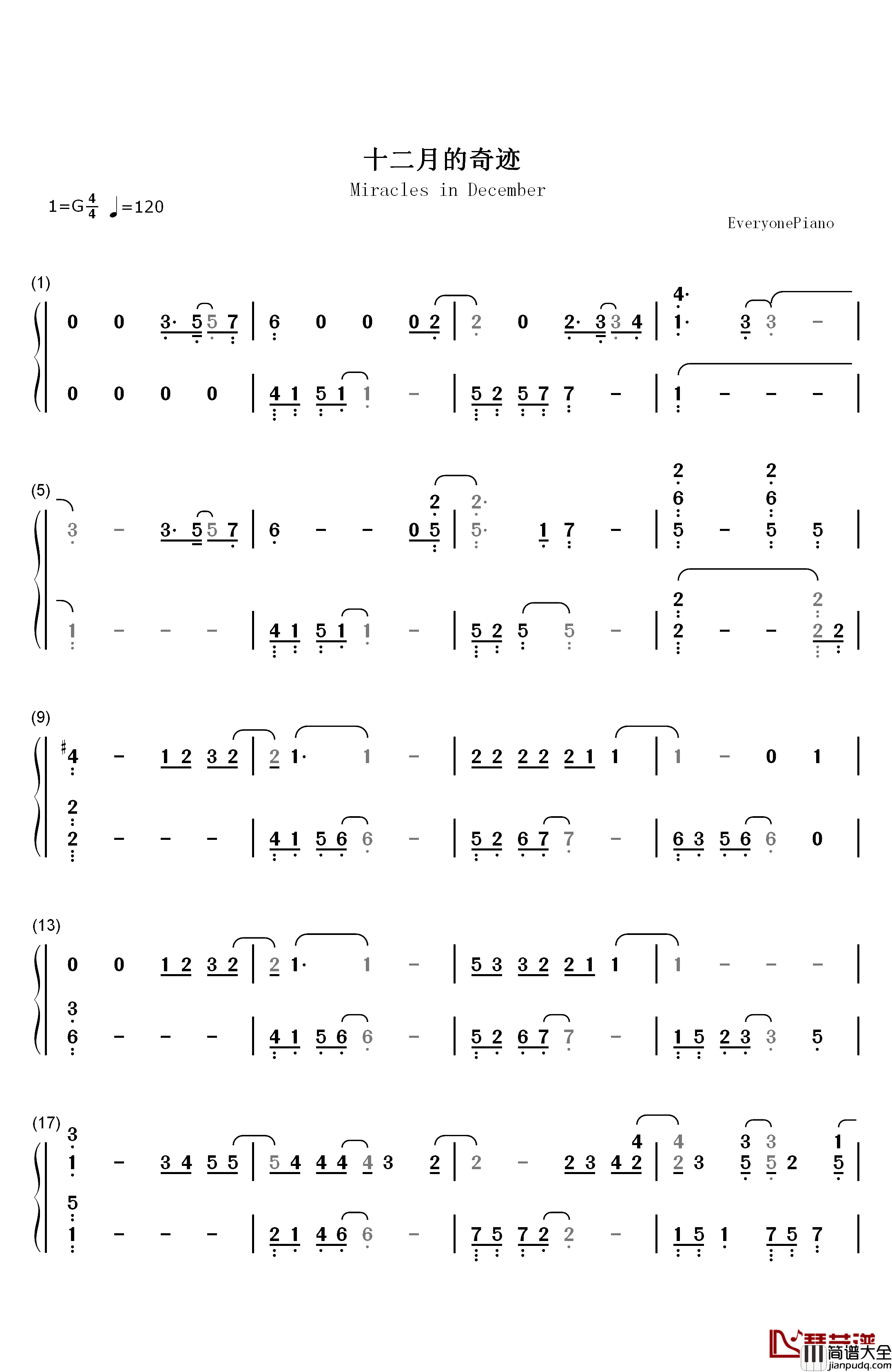 十二月的奇迹钢琴简谱_数字双手_EXO