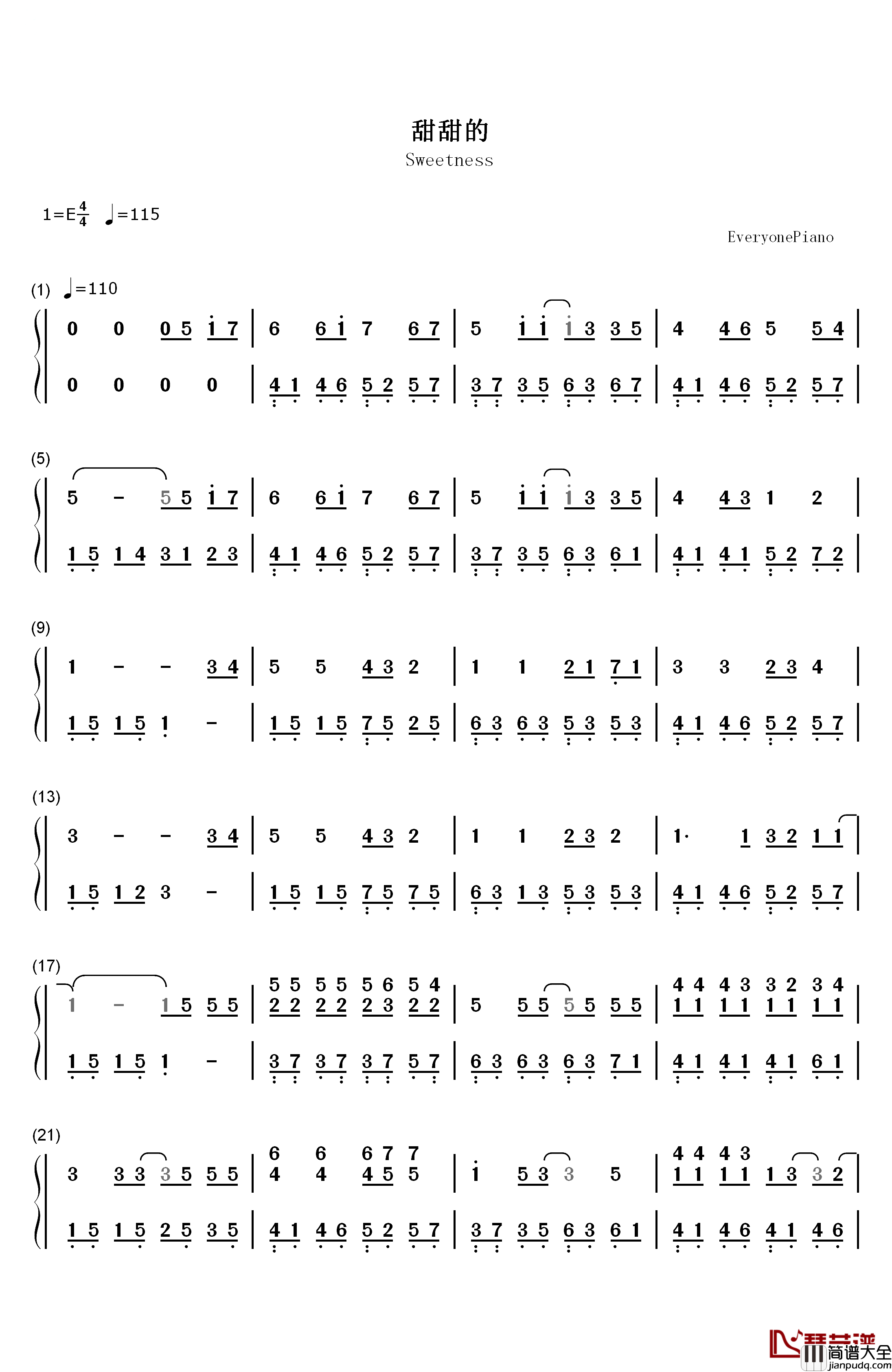 甜甜的钢琴简谱_数字双手_周杰伦