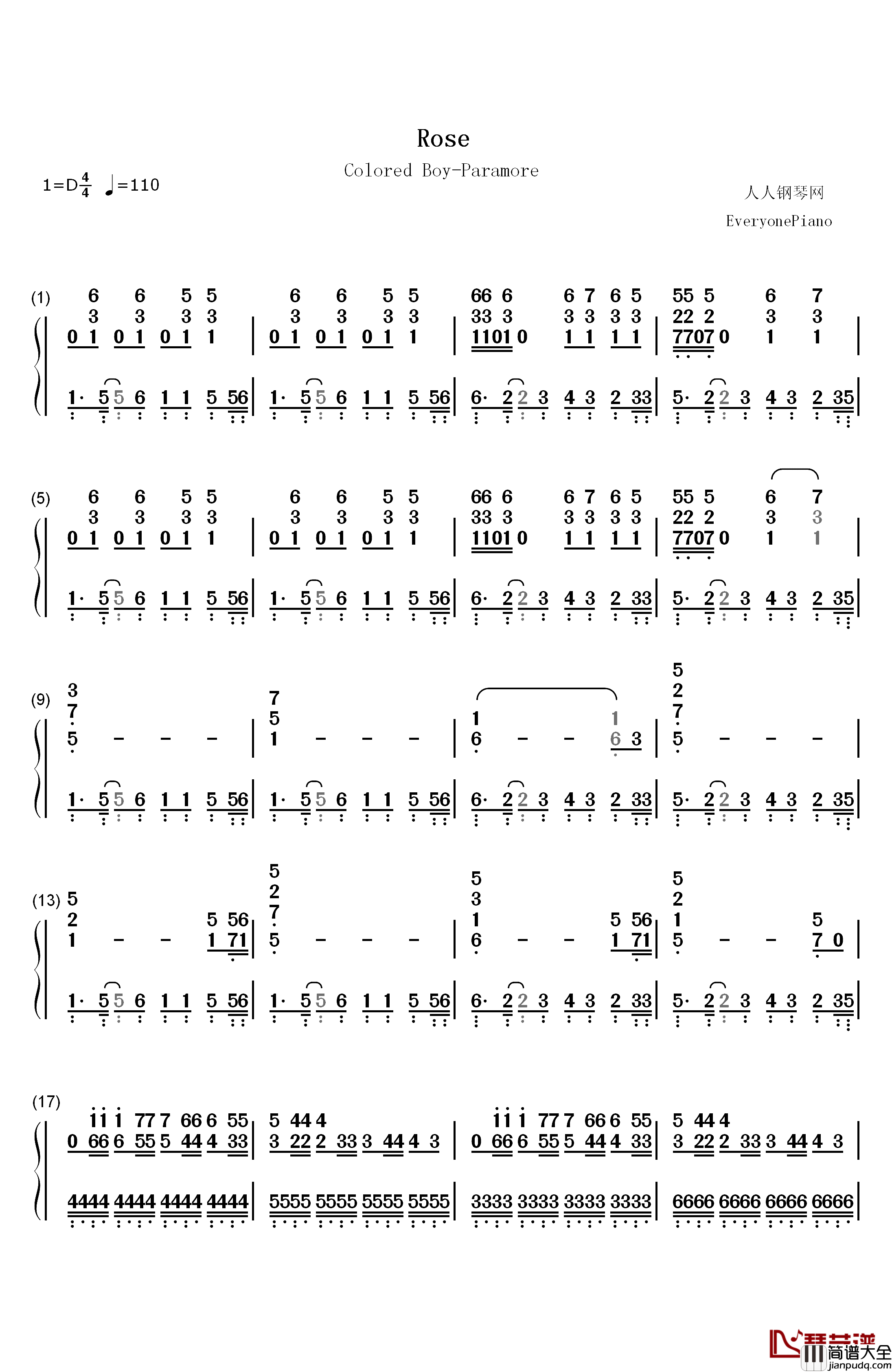 Rose钢琴简谱_数字双手_Paramore