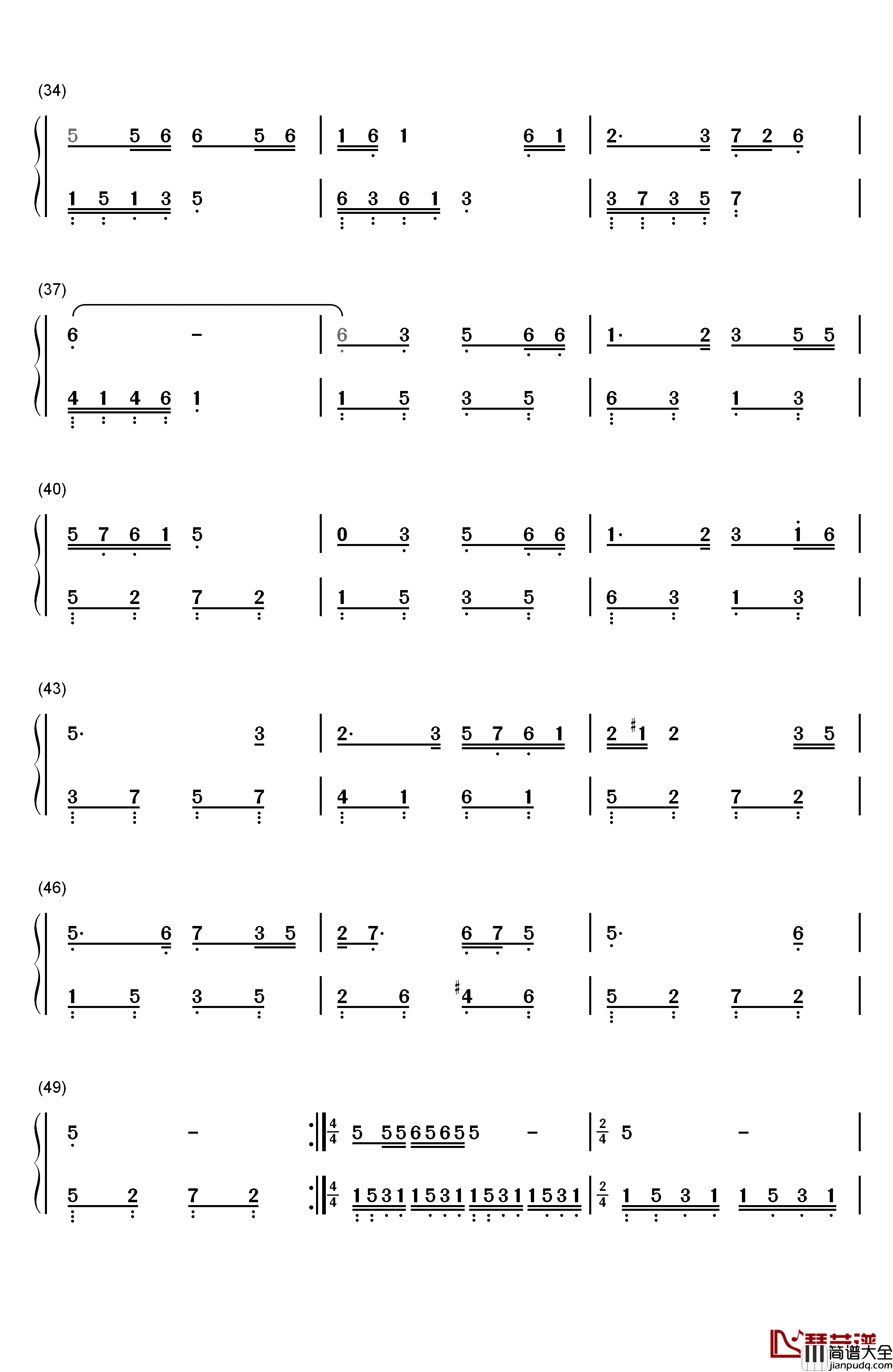 春天的故事钢琴简谱_数字双手_董文华