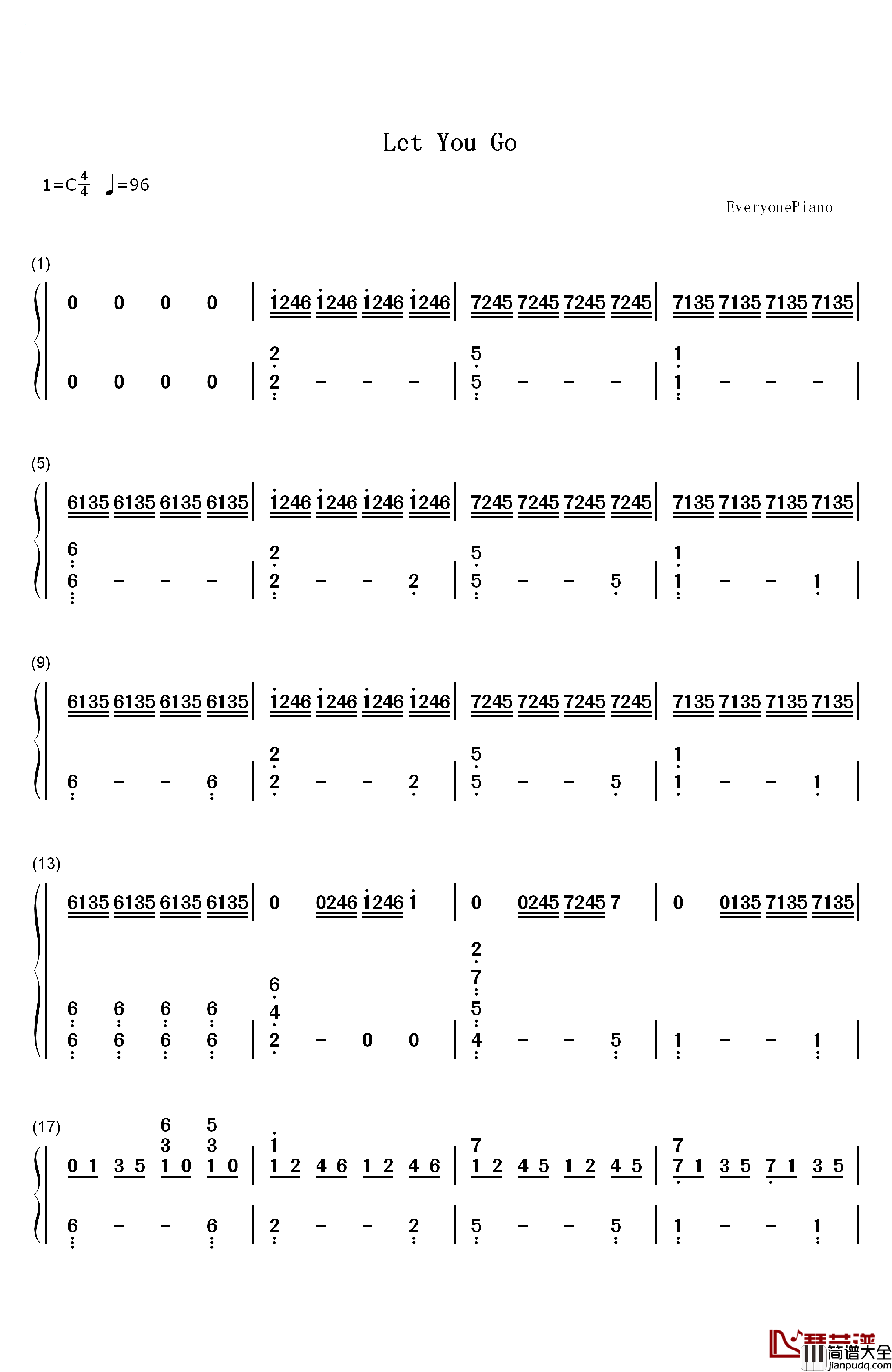 Let_You_Go钢琴简谱_数字双手_牛奶咖啡