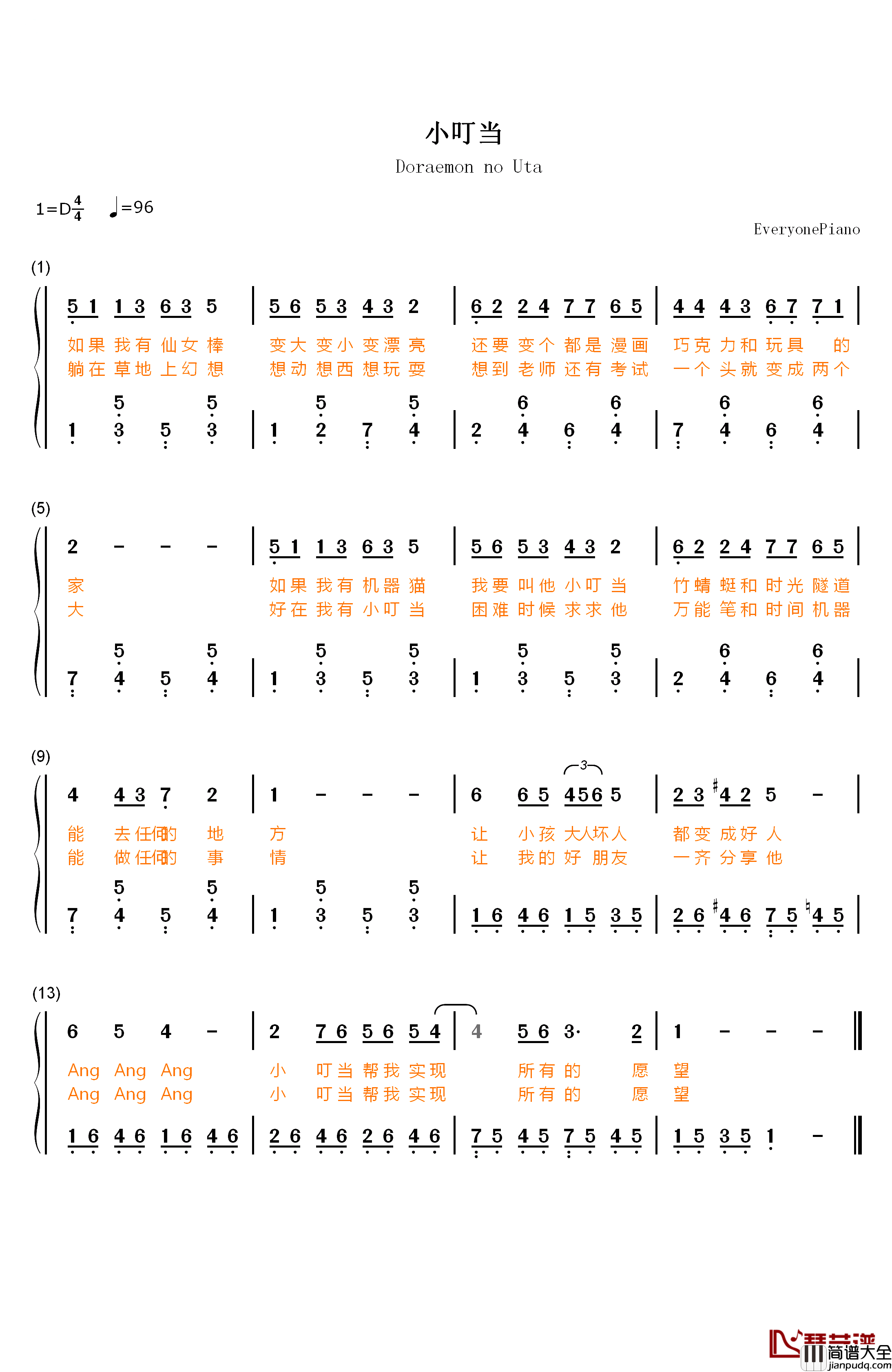 小叮当钢琴简谱_数字双手_范晓萱