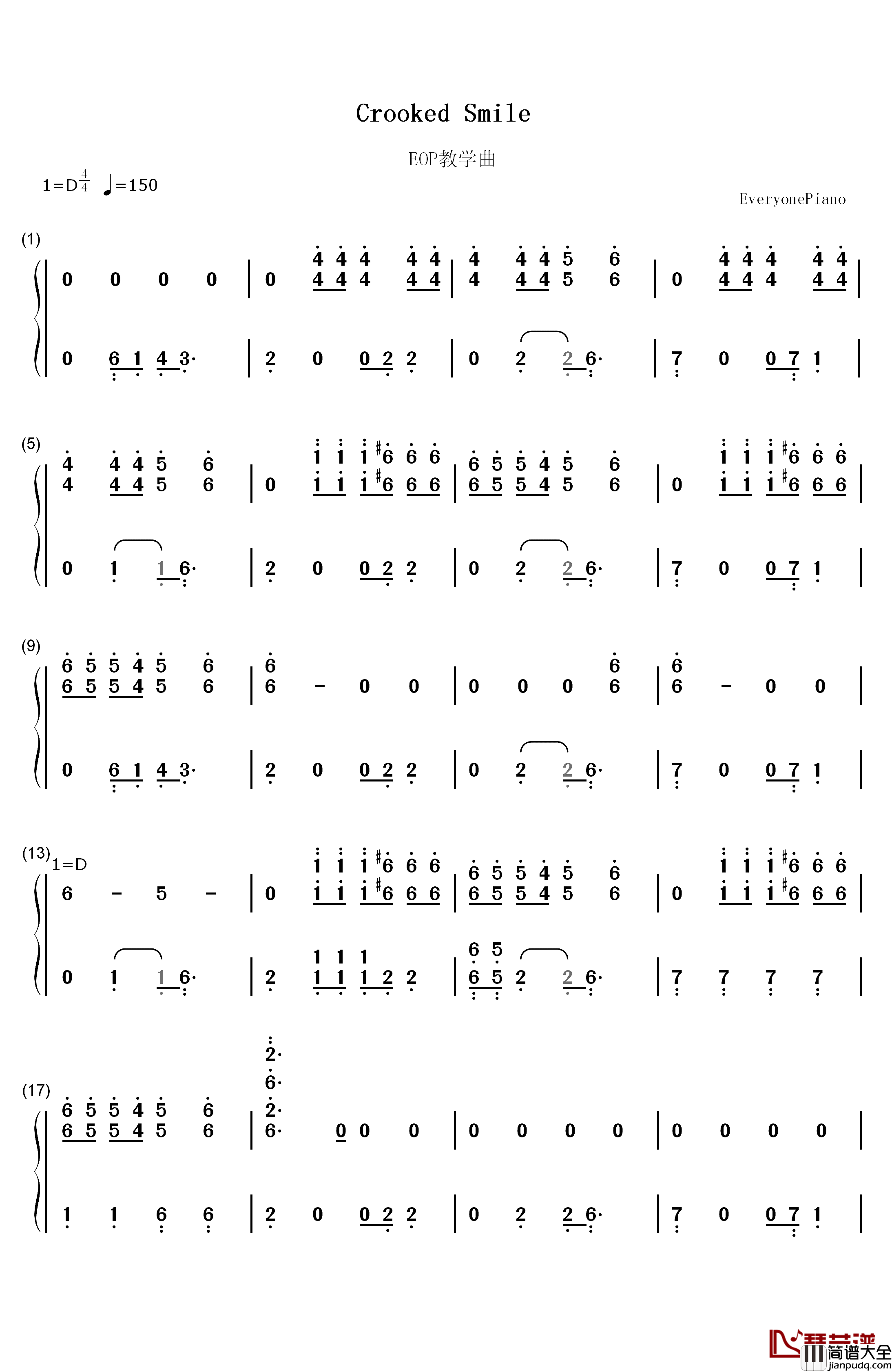 Crooked_Smile钢琴简谱_数字双手_J._Cole