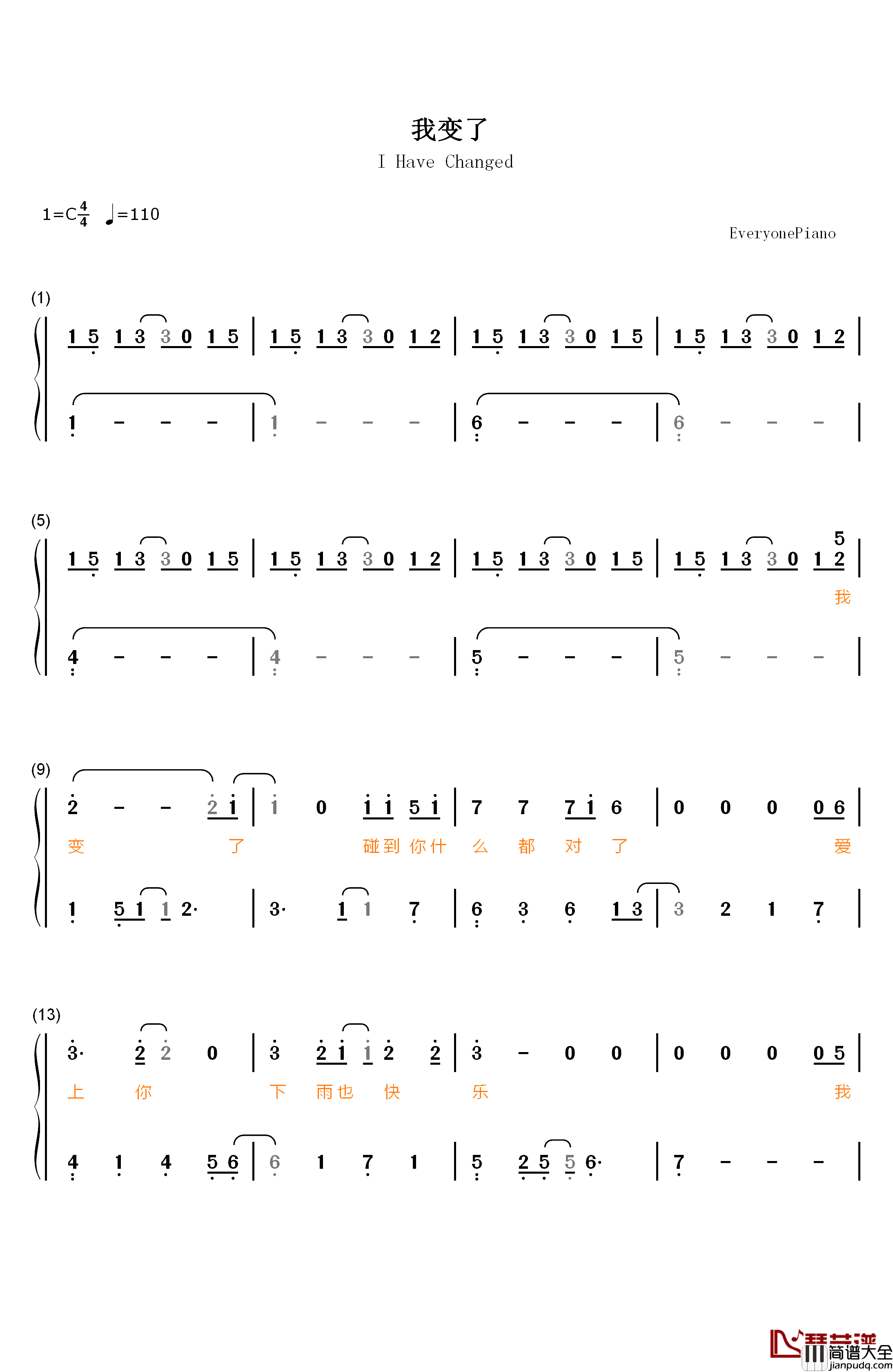 我变了钢琴简谱_数字双手_李宇春