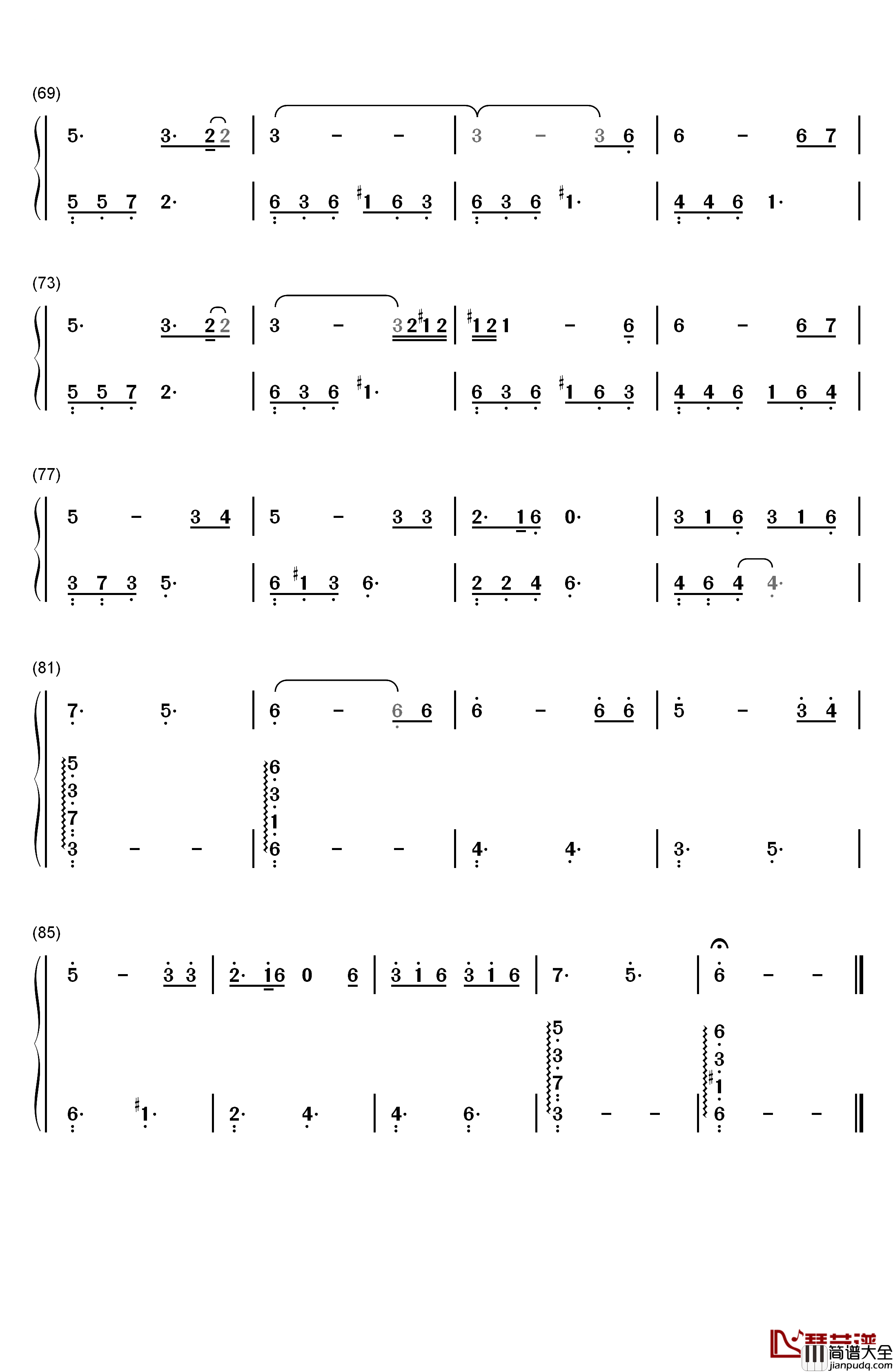 让她降落钢琴简谱_数字双手_何璐