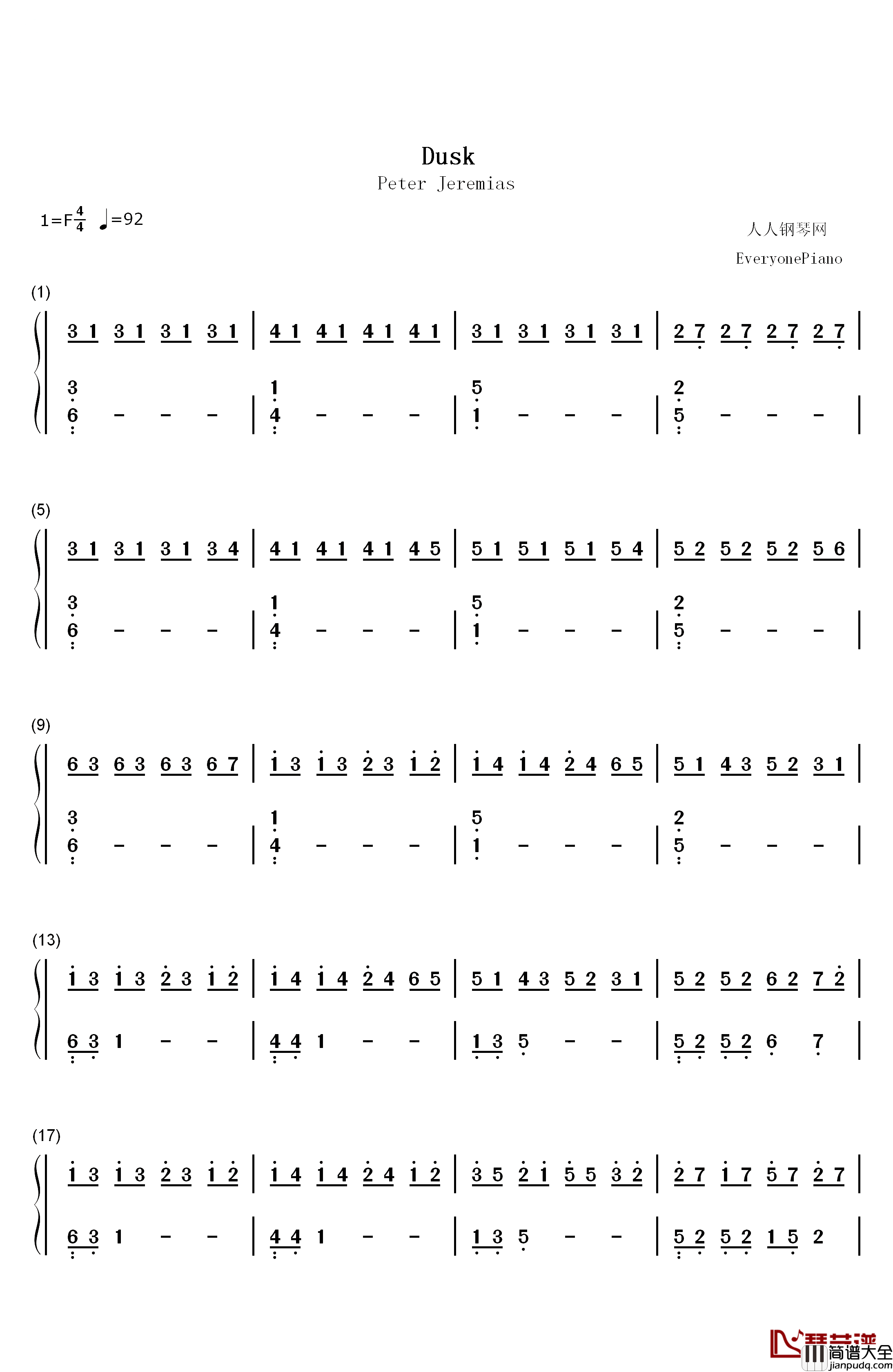 Dusk原版钢琴简谱_数字双手_Peter_Jeremias