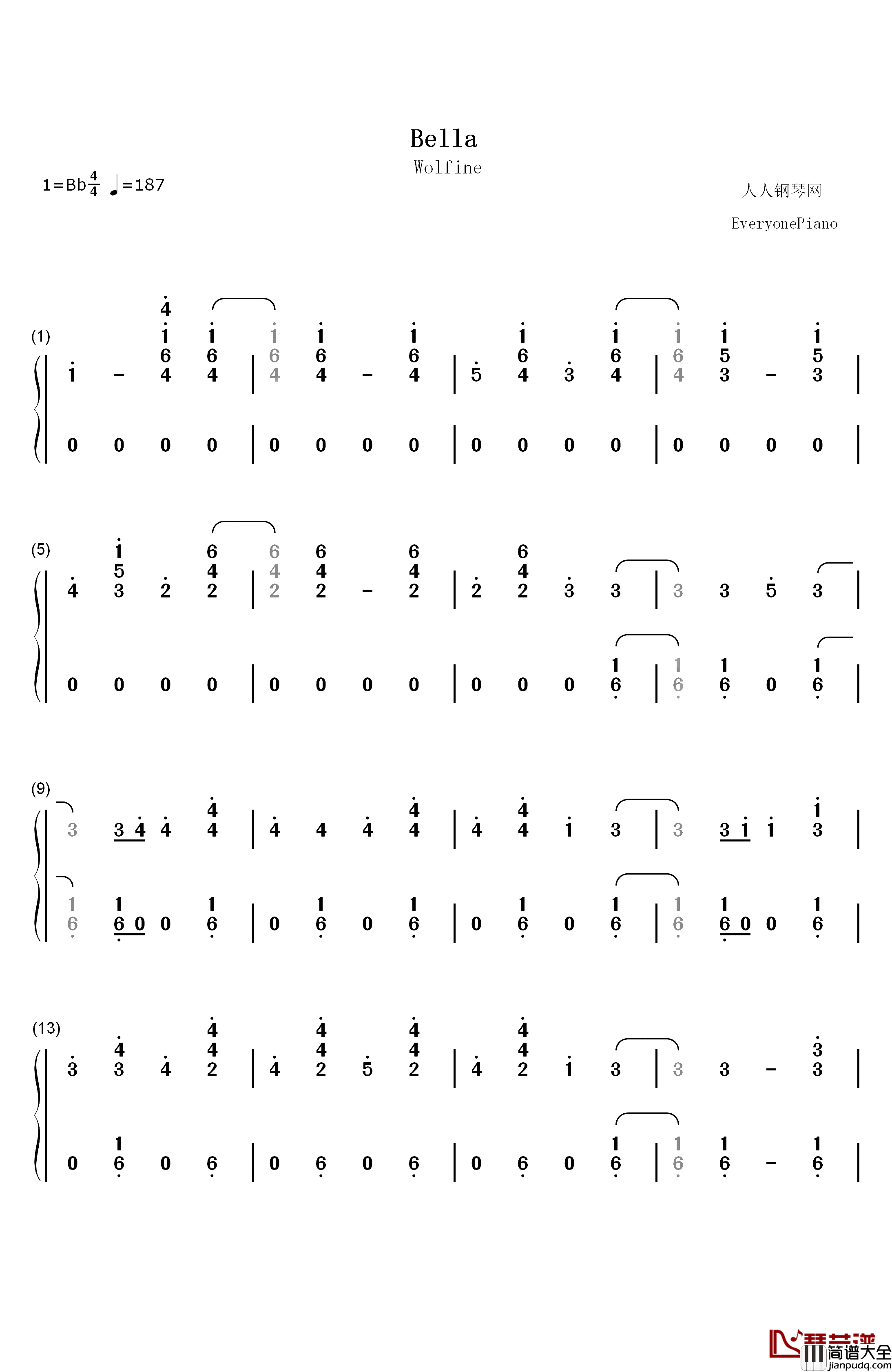 Bella钢琴简谱_数字双手_Wolfine