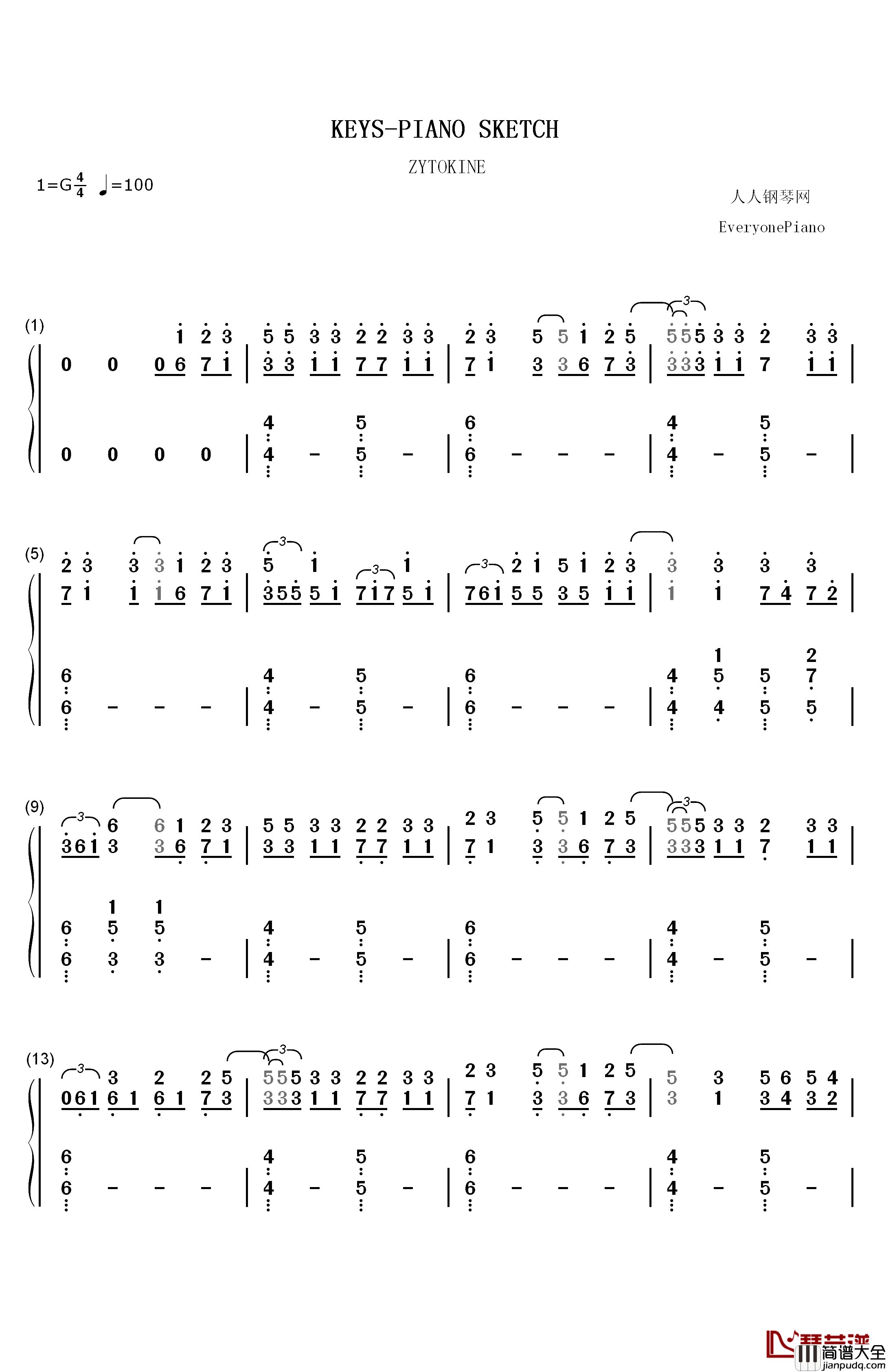 KEYS钢琴简谱_数字双手_ZYTOKINE