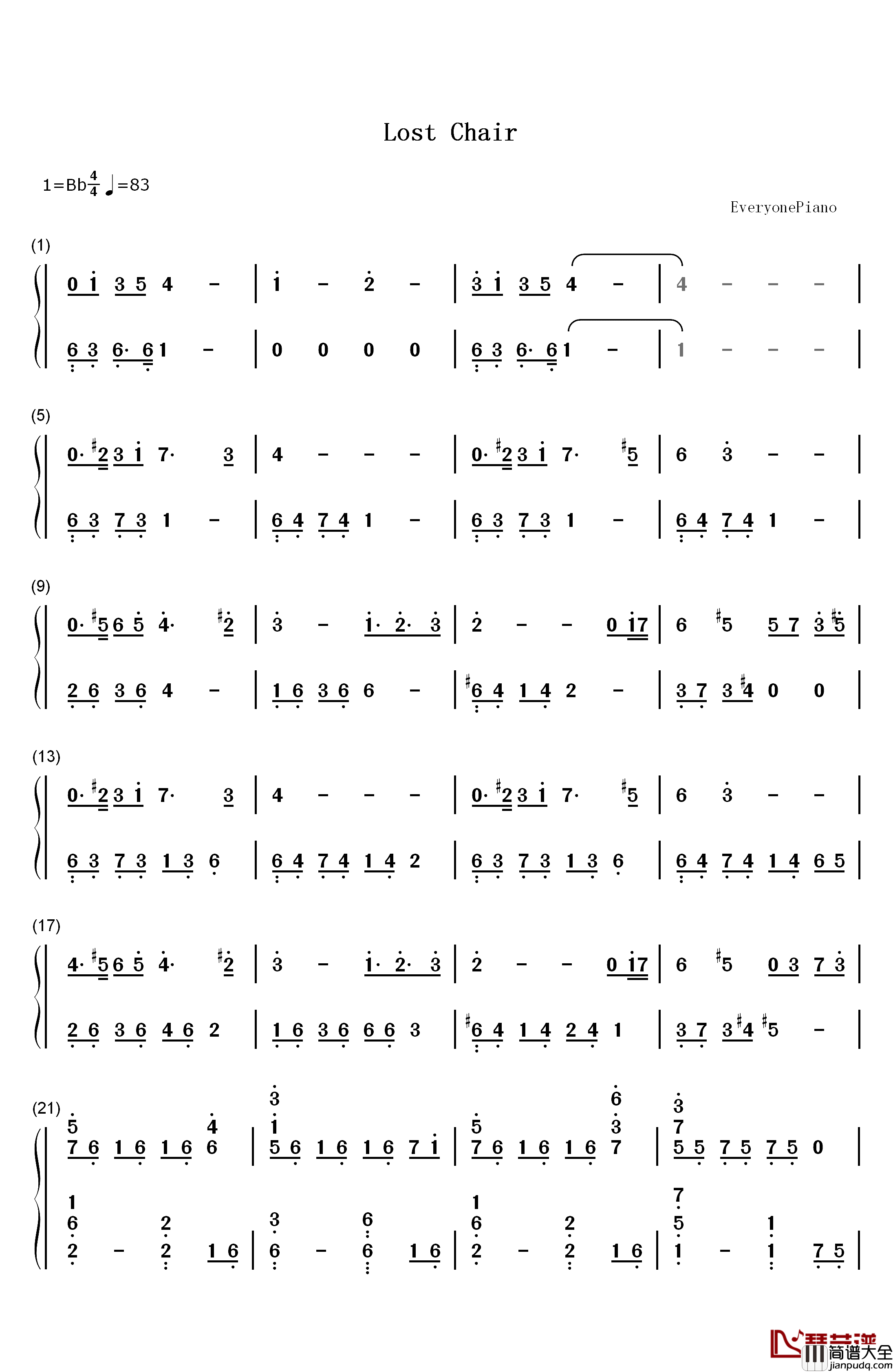 Lost_Chair钢琴简谱_数字双手_Fummy