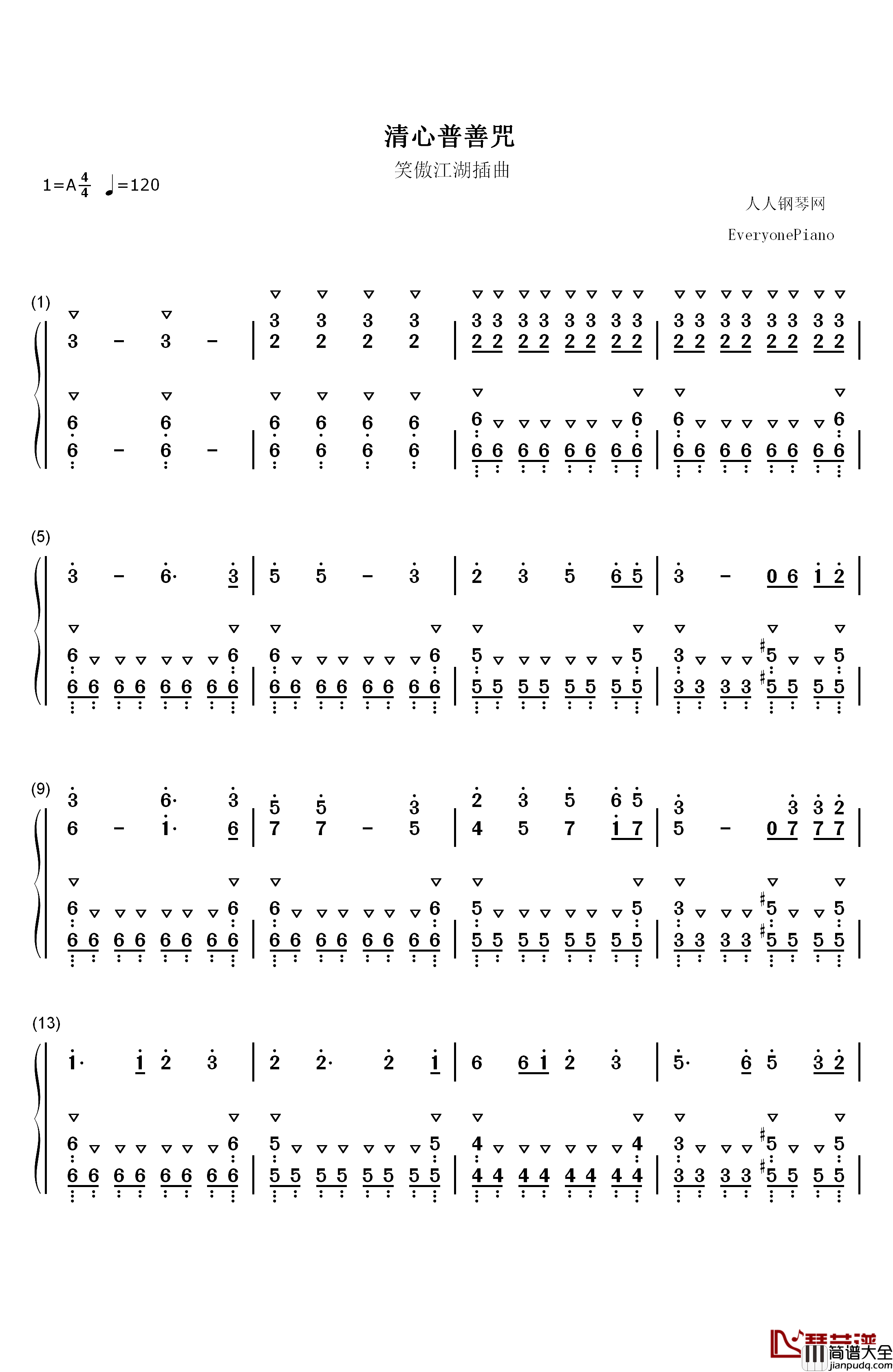 清心普善咒钢琴简谱_数字双手_胡伟立