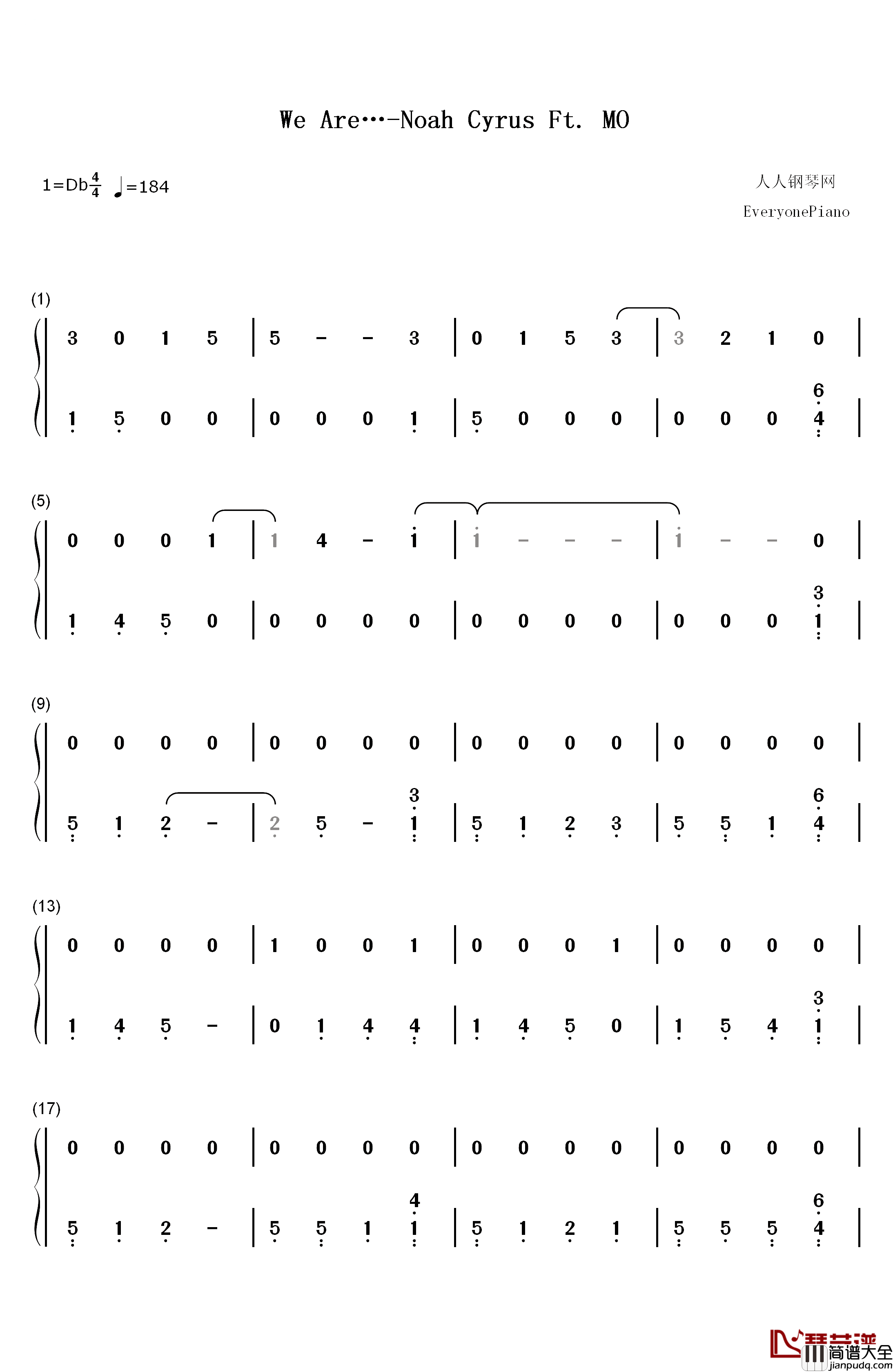 We_Are钢琴简谱_数字双手_Noah_Cyrus_MO