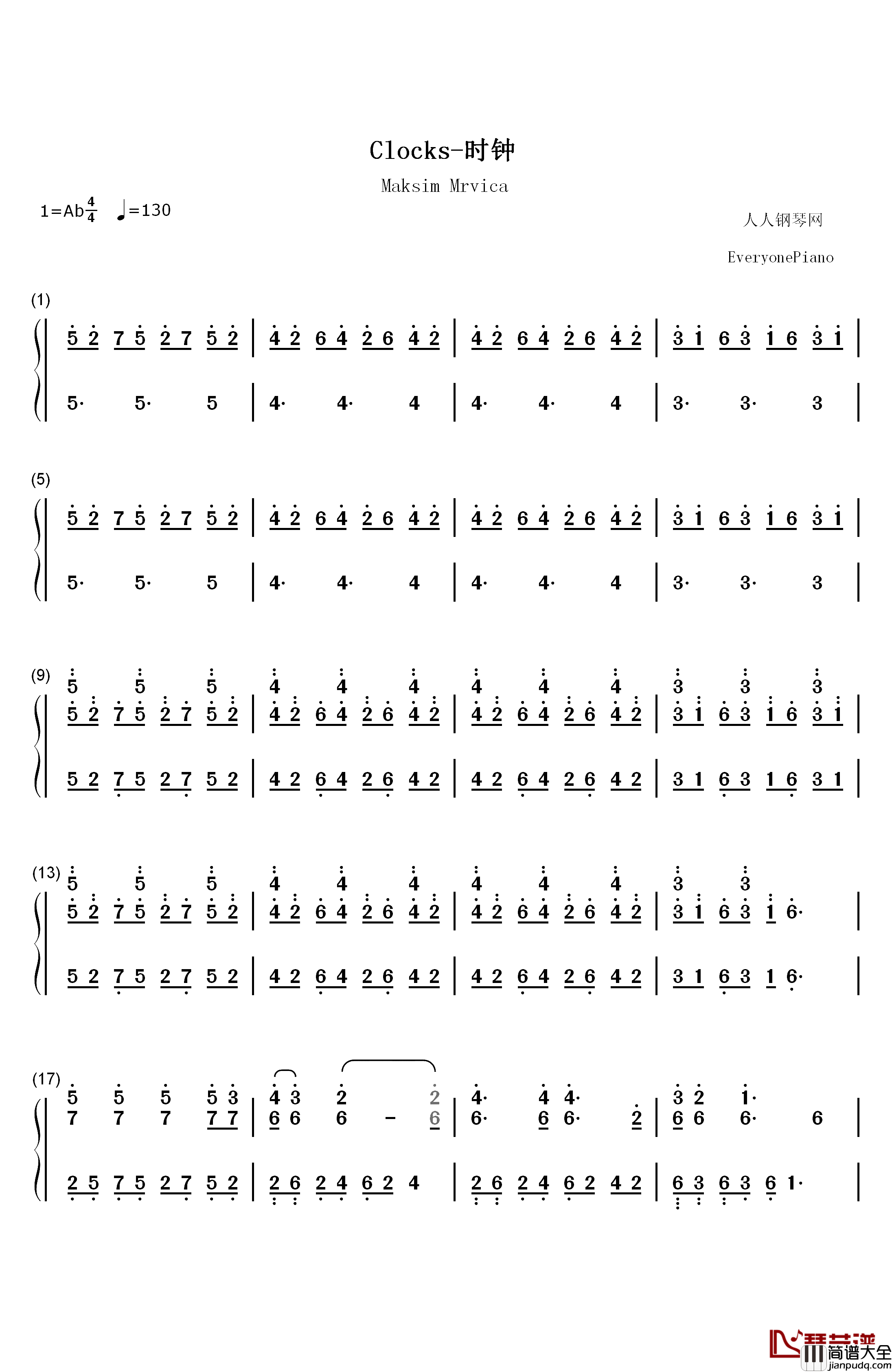 Clocks钢琴简谱_数字双手_马克西姆