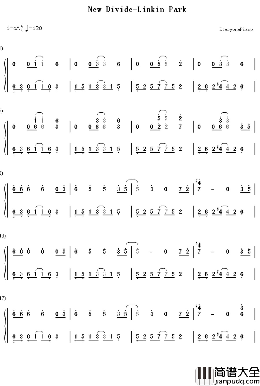 New_Divide钢琴简谱_数字双手_Linkin_Park
