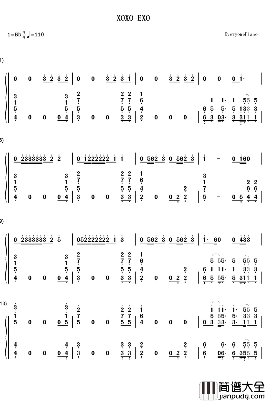 XOXO钢琴简谱_数字双手_EXO