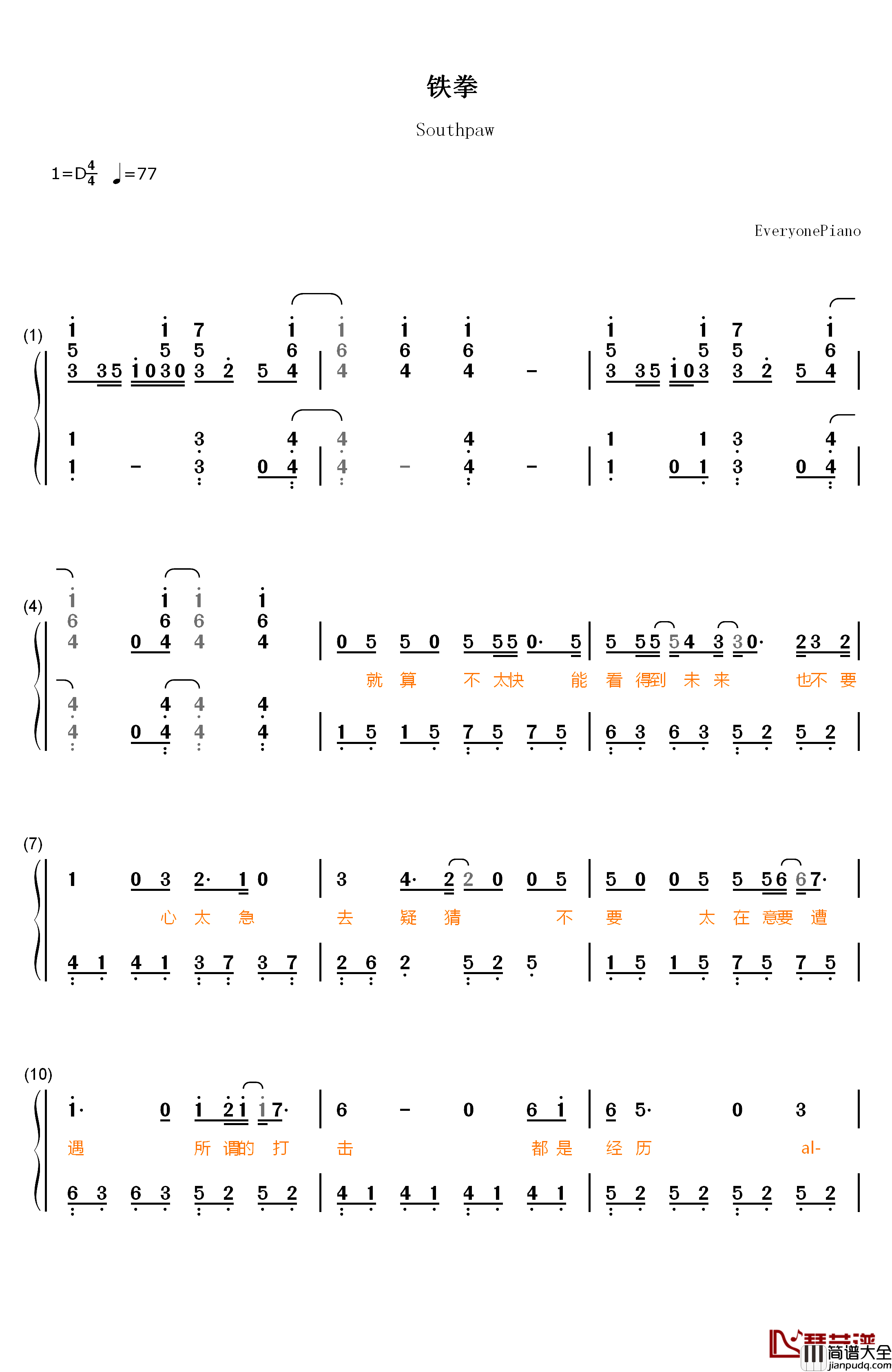 铁拳钢琴简谱_数字双手_筷子兄弟