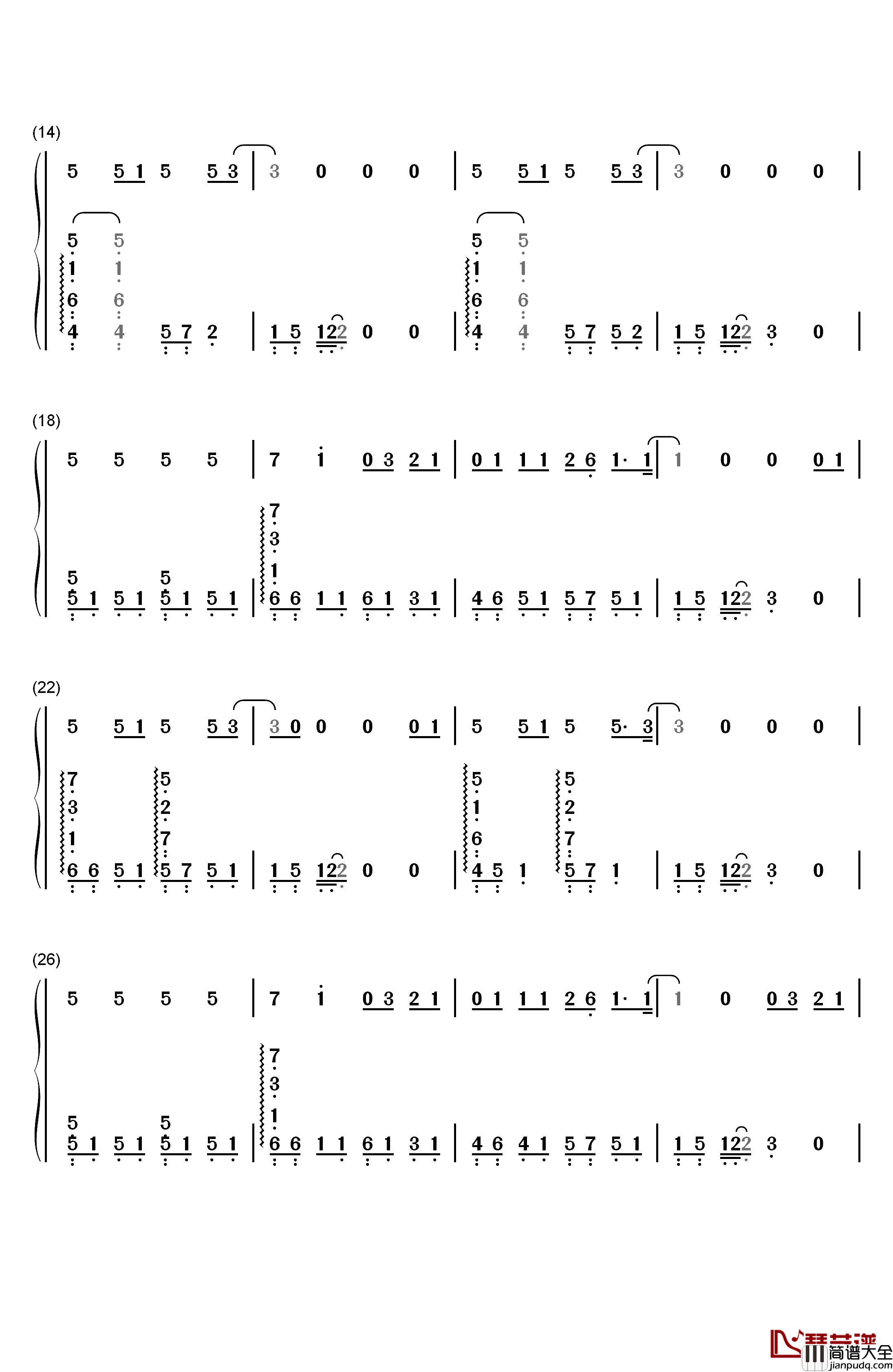 谁钢琴简谱_数字双手_廖俊涛