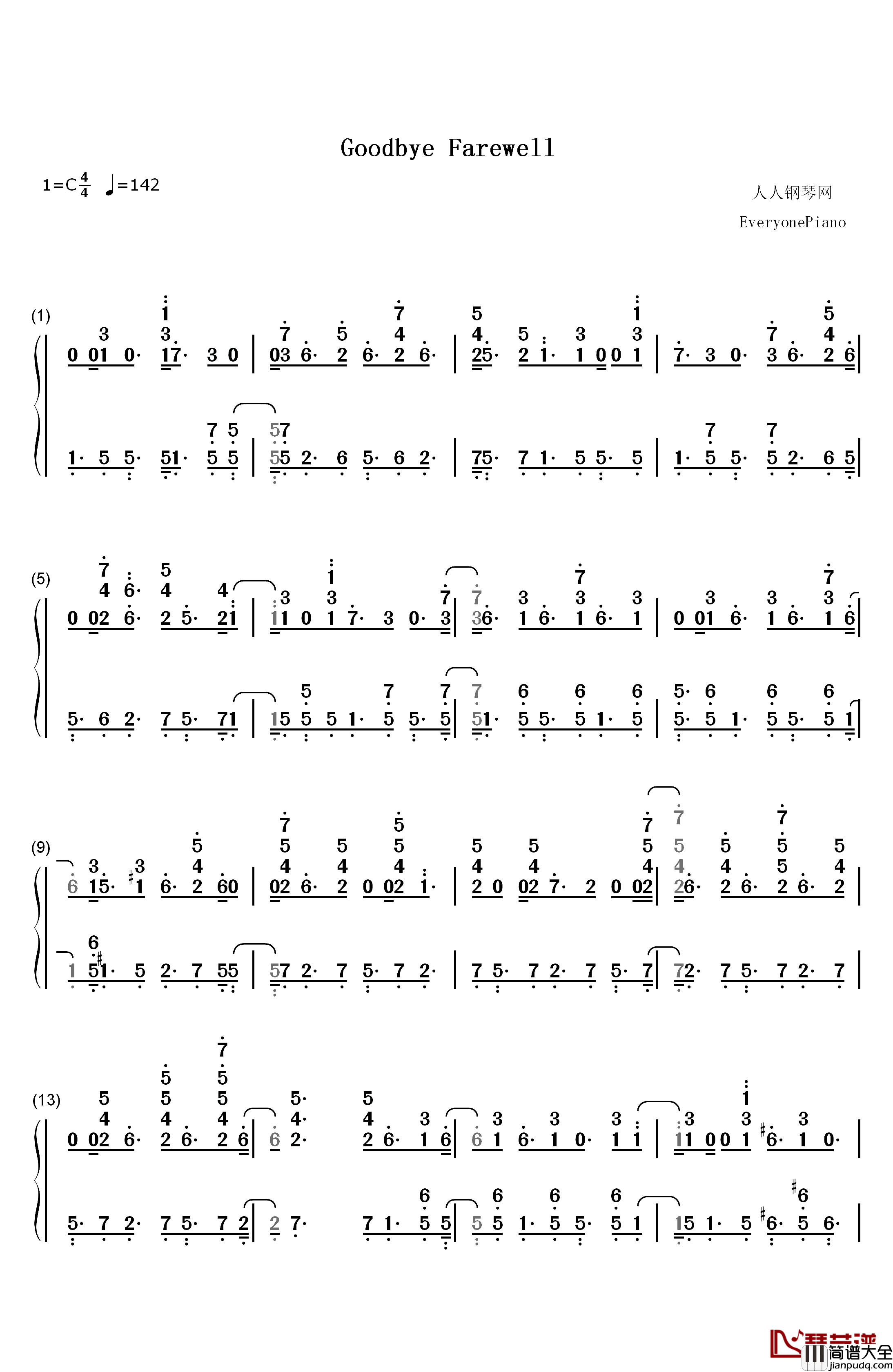 Goodbye_Farewell钢琴简谱_数字双手_Richard_Sherman