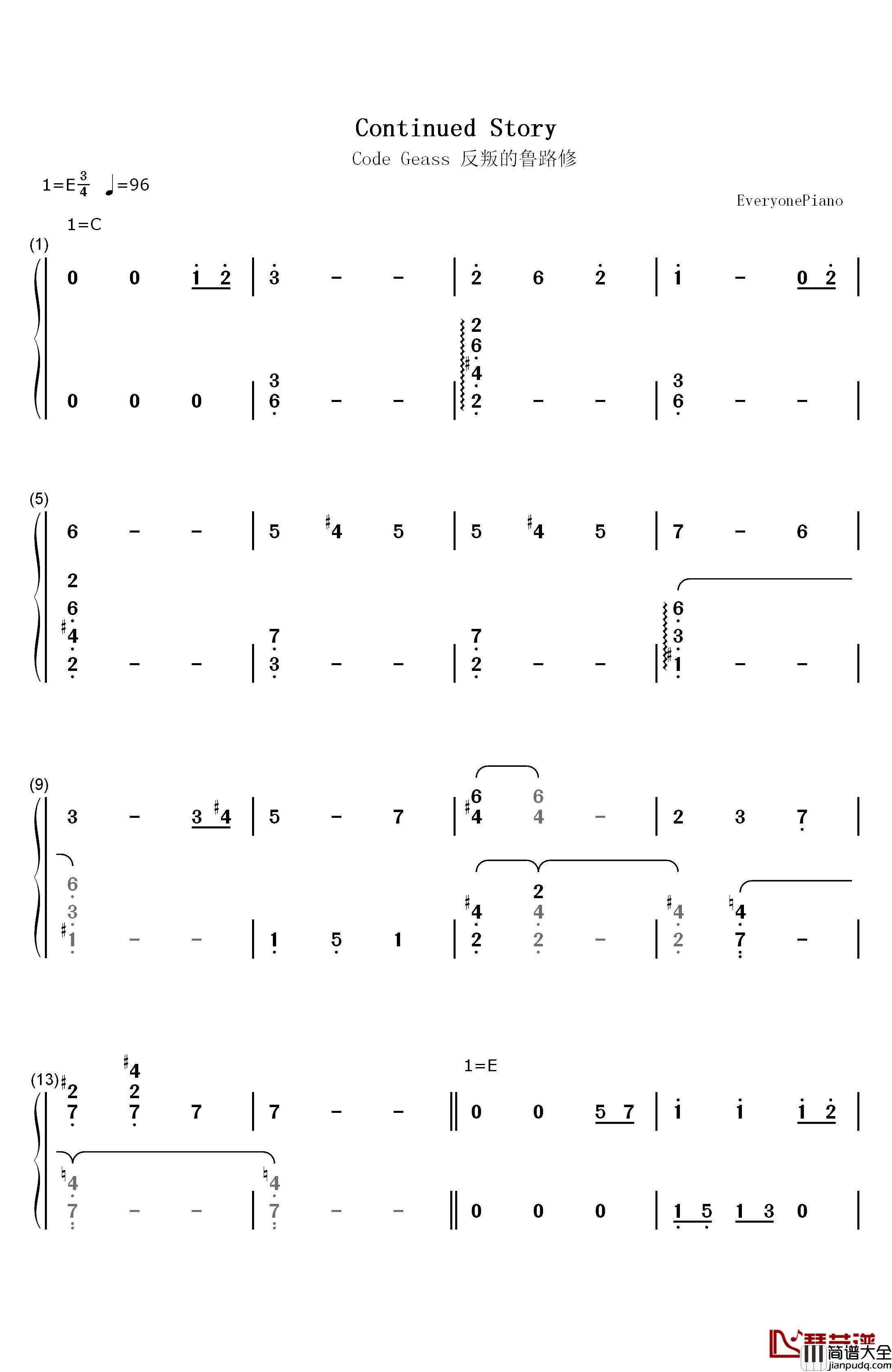 Continued_Story钢琴简谱_数字双手_Hitomi(黒石ひとみ)