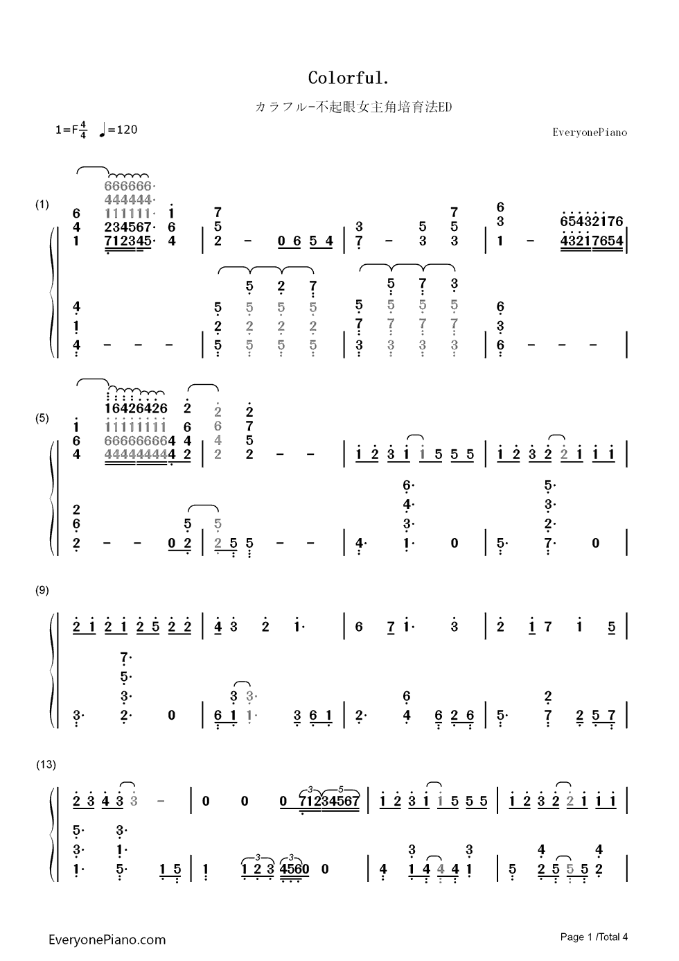 カラフル钢琴简谱_数字双手_沢井美空