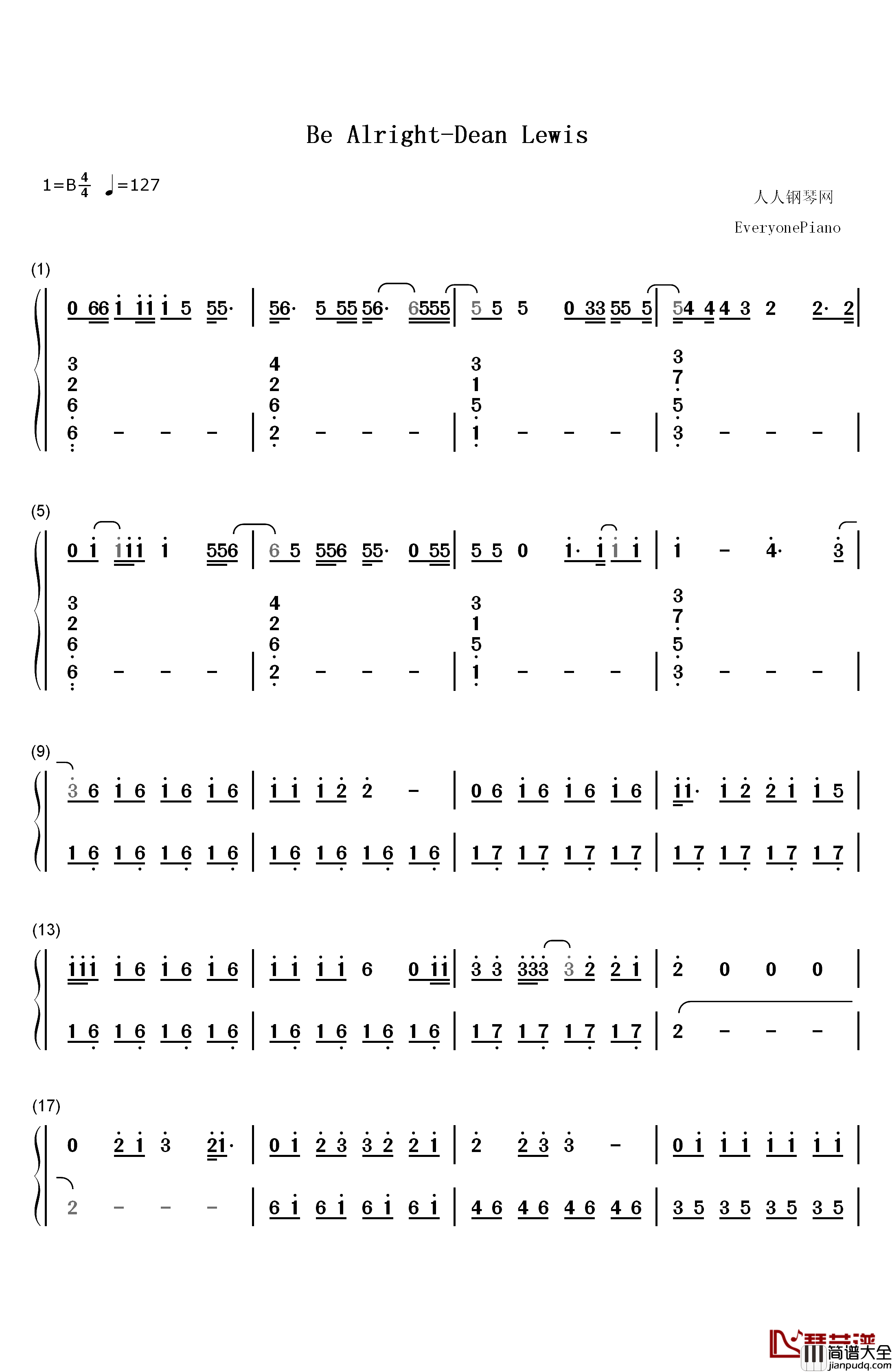 Be_Alright钢琴简谱_数字双手_Dean_Lewis