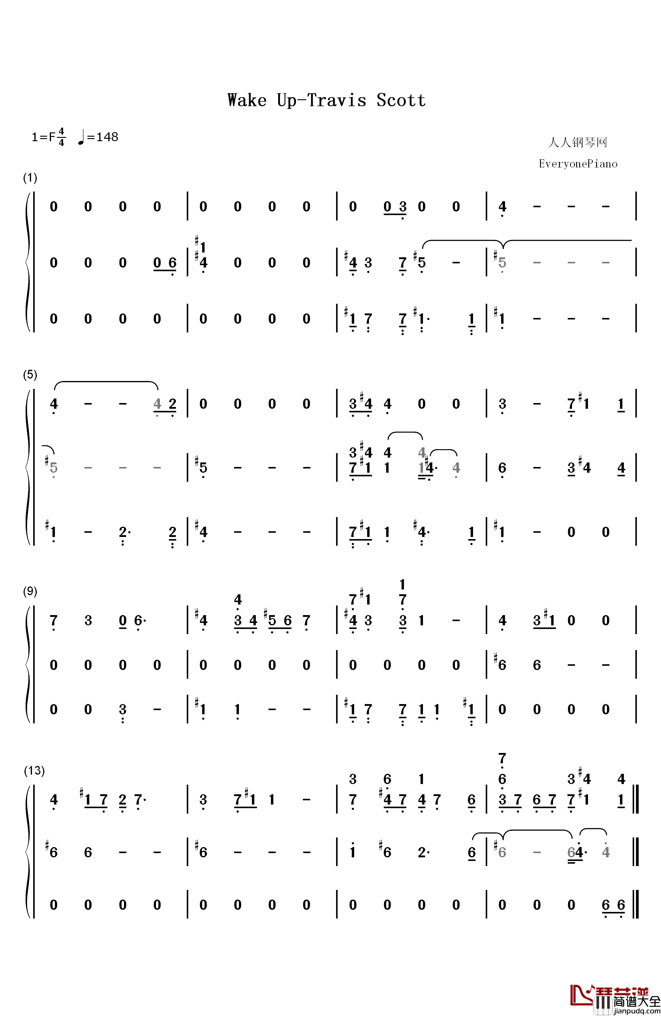 Wake_Up钢琴简谱_数字双手_Travis_Scott_The_Weeknd