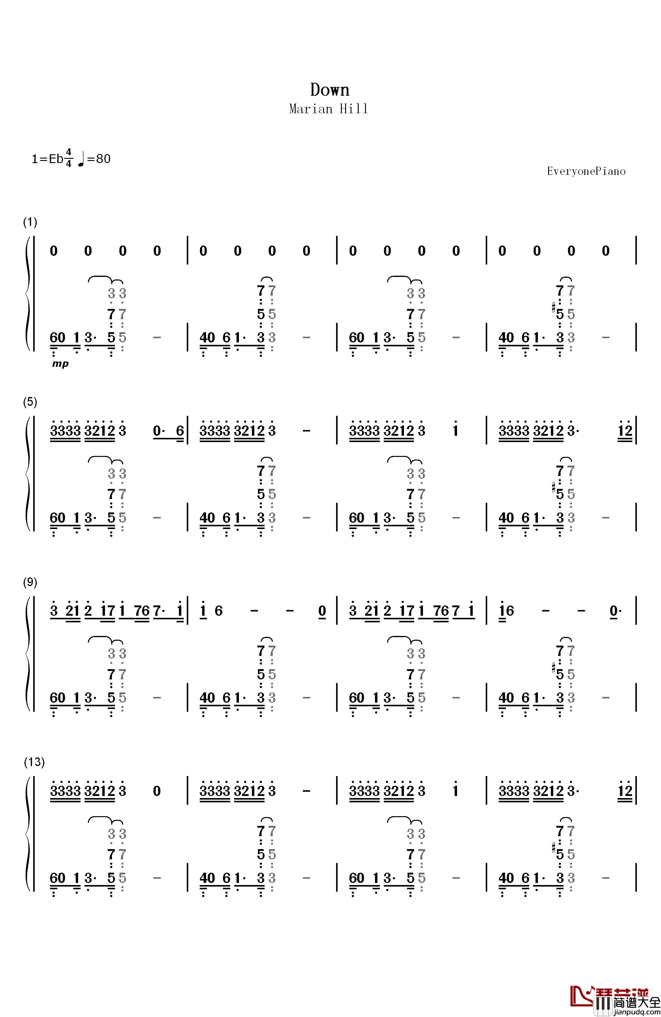 Down钢琴简谱_数字双手_Marian_Hill