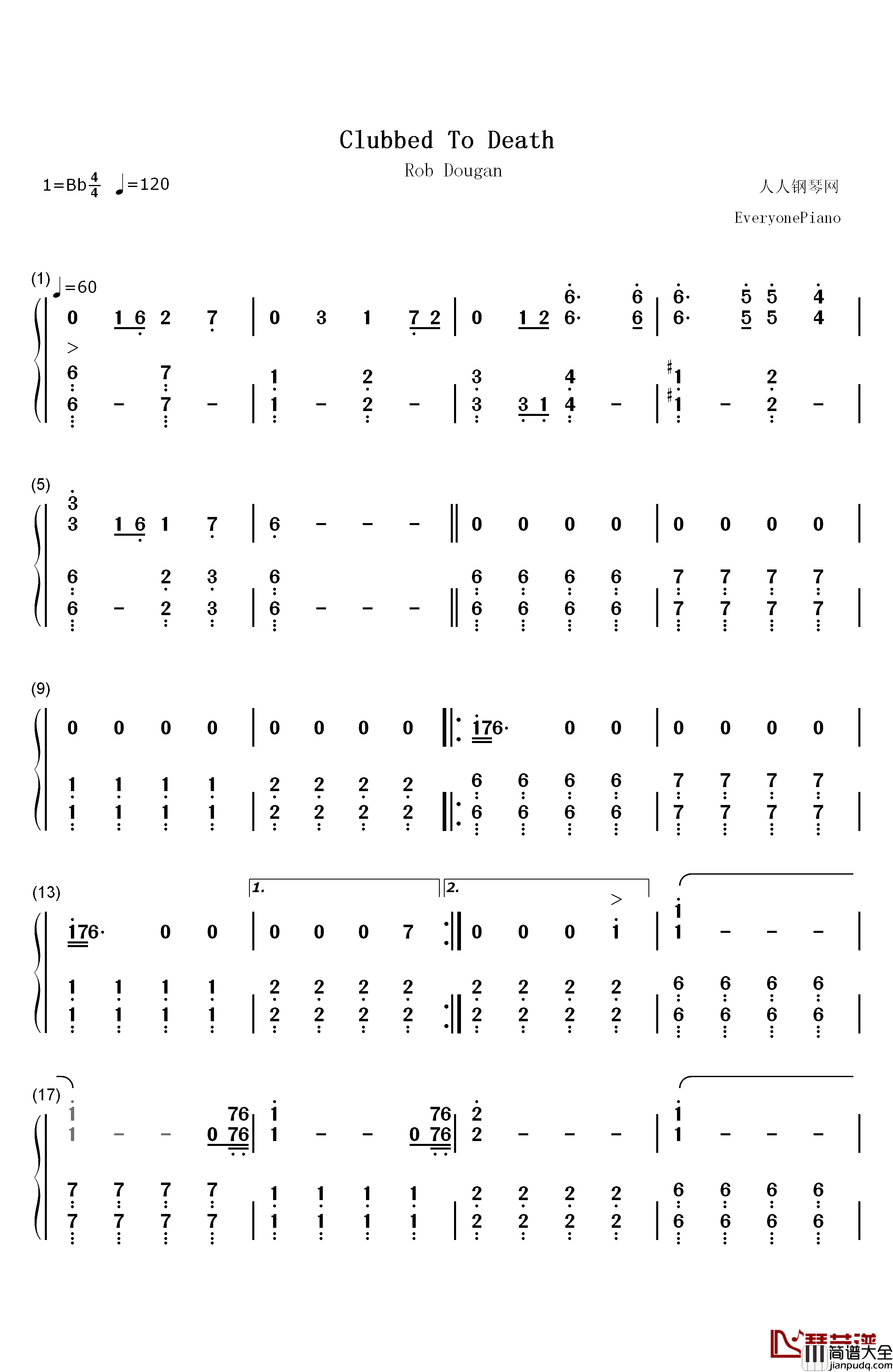 Clubbed_to_Death钢琴简谱_数字双手_Rob_Dougan