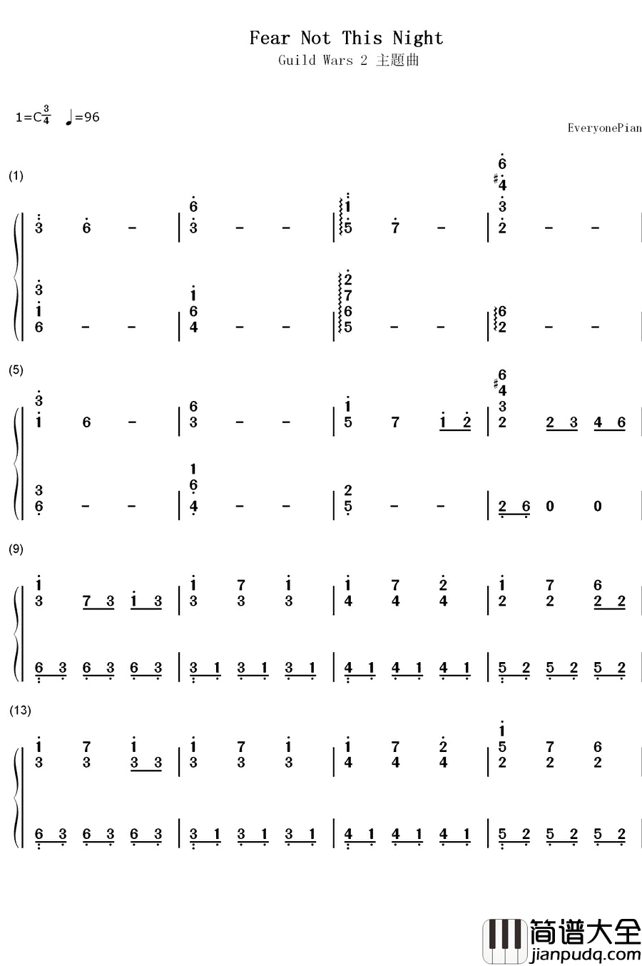 Fear_Not_This_Night钢琴简谱_数字双手_吉克隽逸