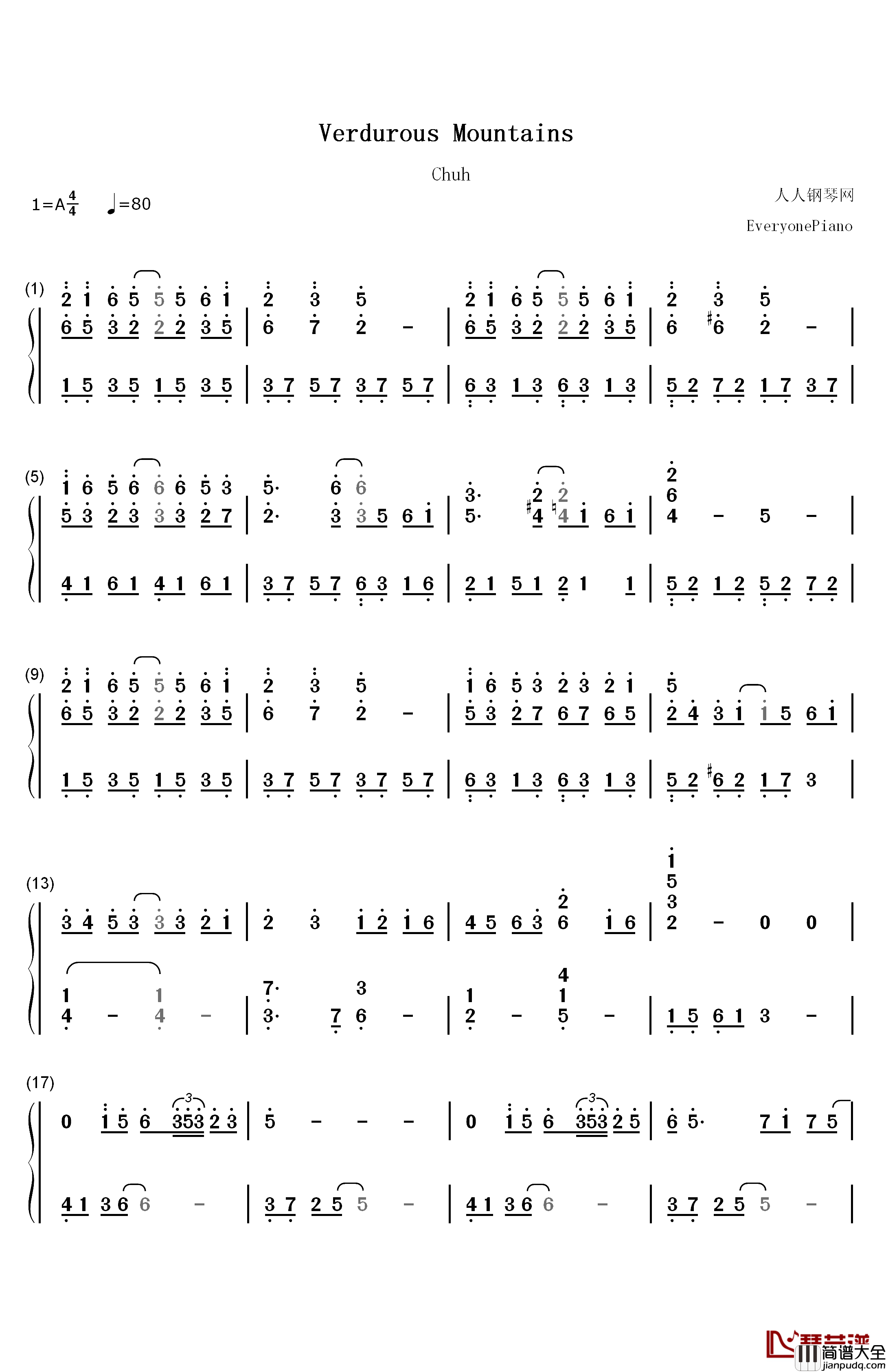 Verdurous_Mountains钢琴简谱_数字双手_渡边雅二