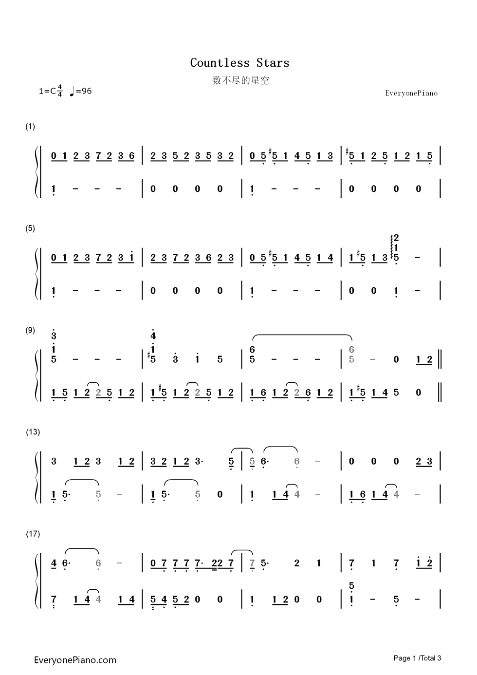 数不尽的星空钢琴简谱_数字双手_曾沛慈