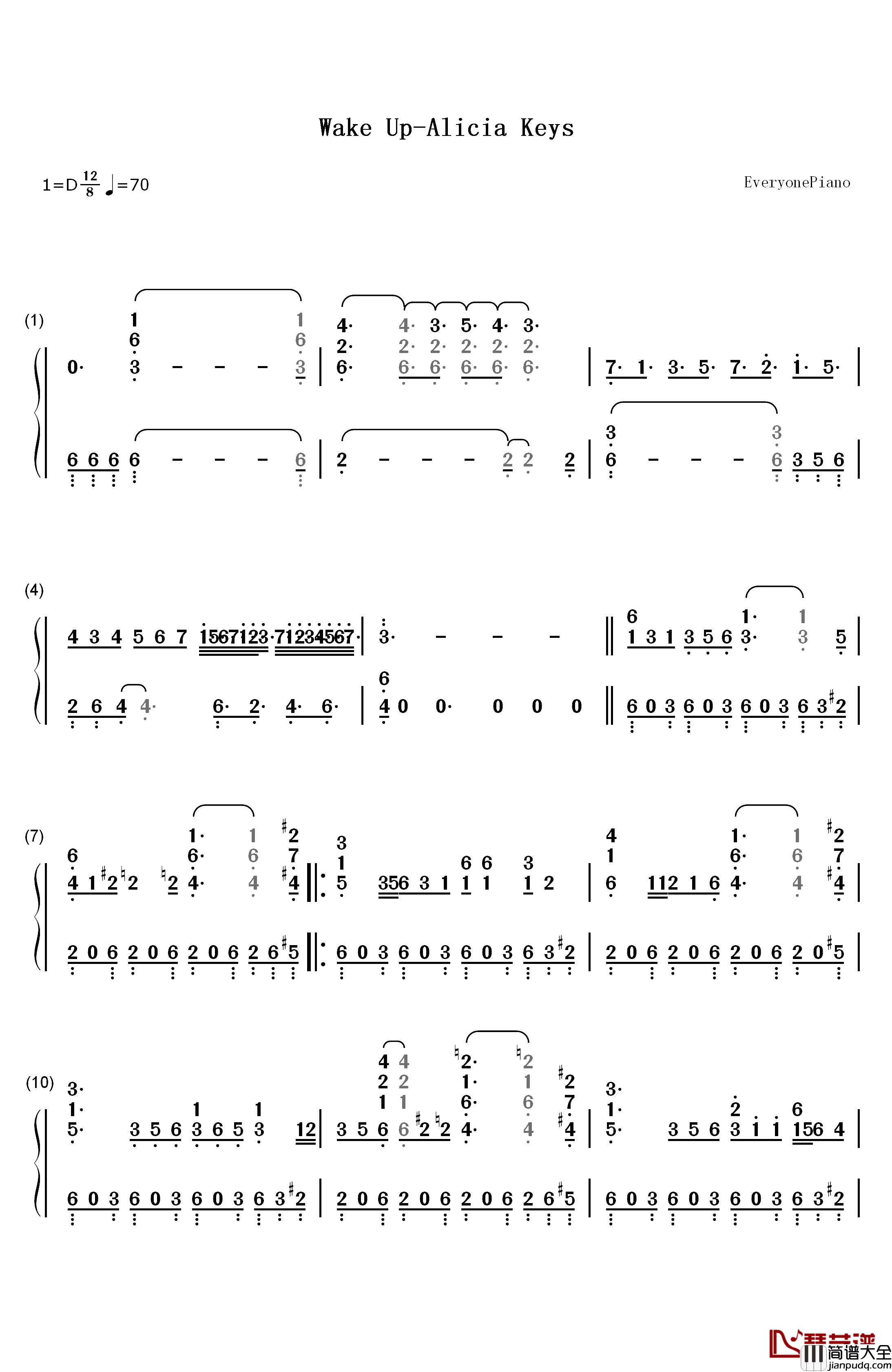 Wake_Up钢琴简谱_数字双手_Alicia_Keys