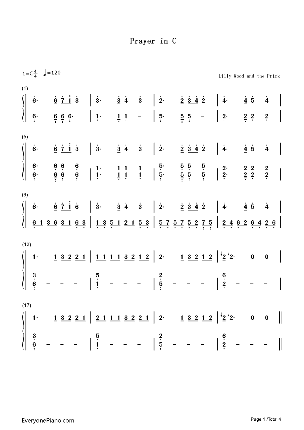 Prayer_in_C钢琴简谱_数字双手_Lilly_Wood_and_the_Prick