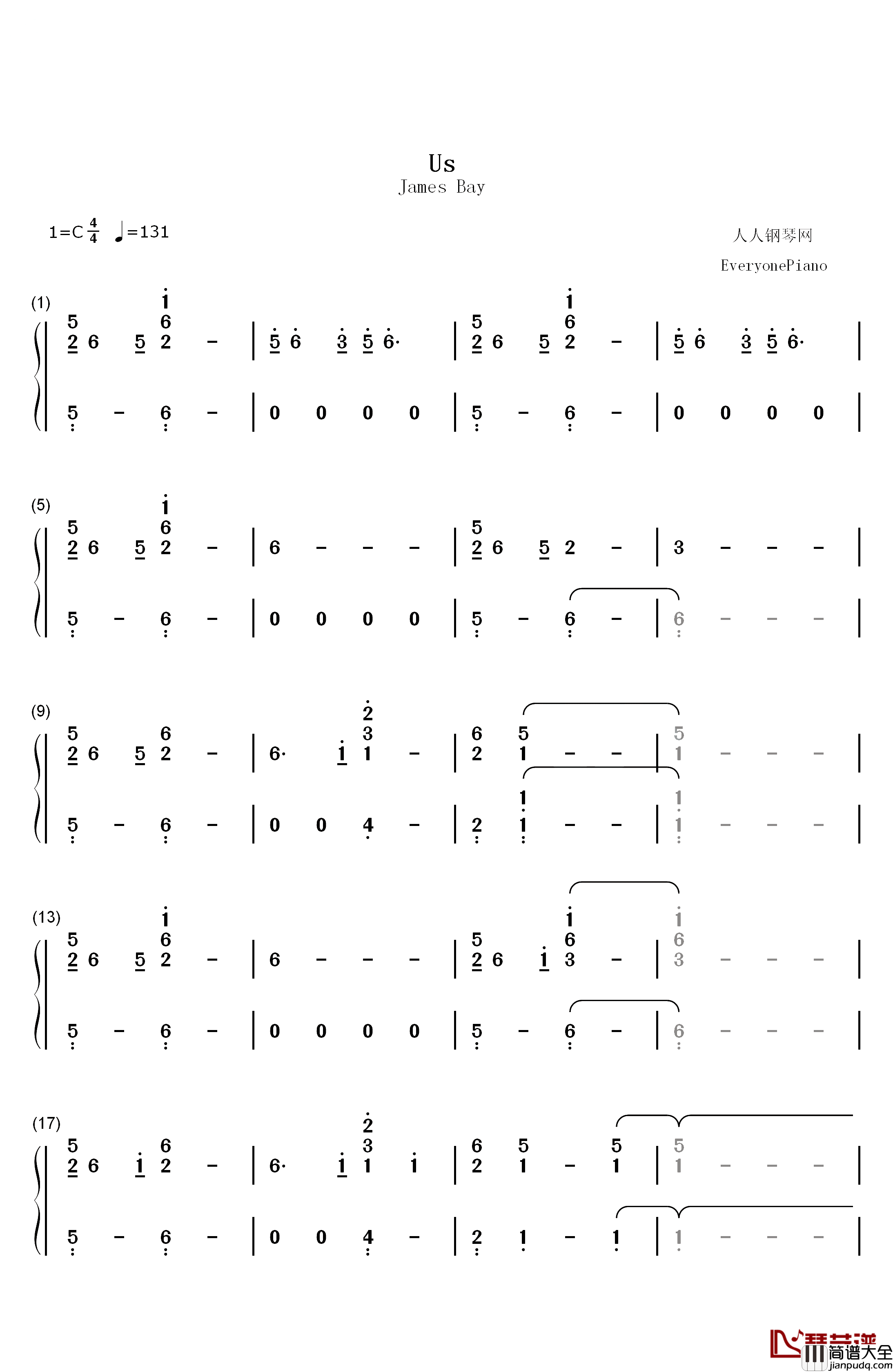 Us钢琴简谱_数字双手_James_Bay