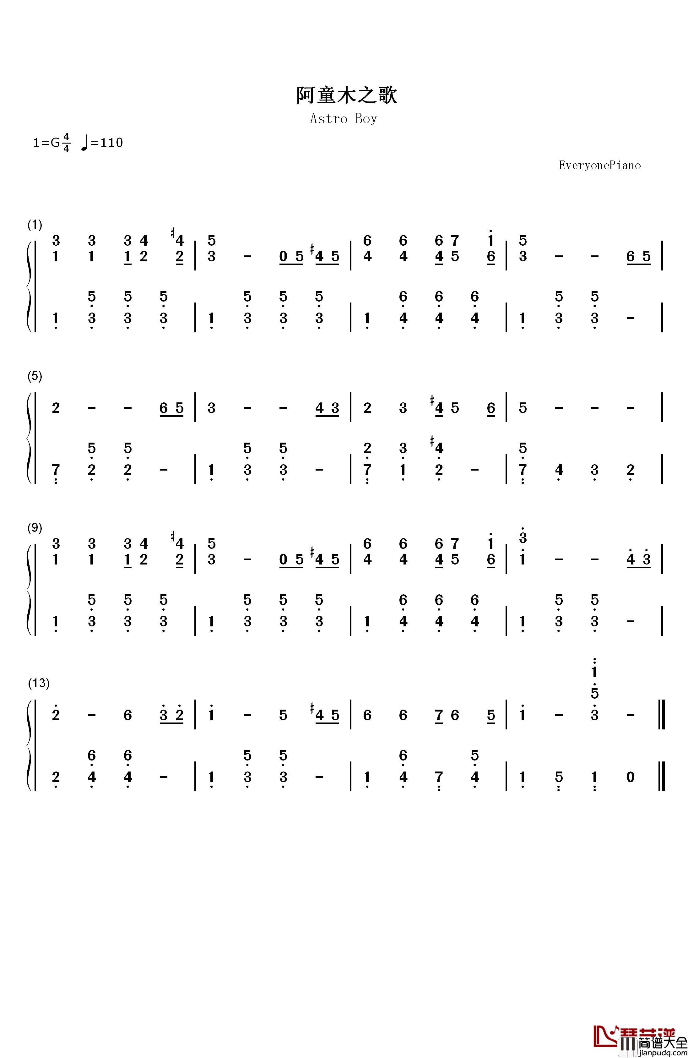 阿童木之歌钢琴简谱_数字双手_小蓓蕾组合