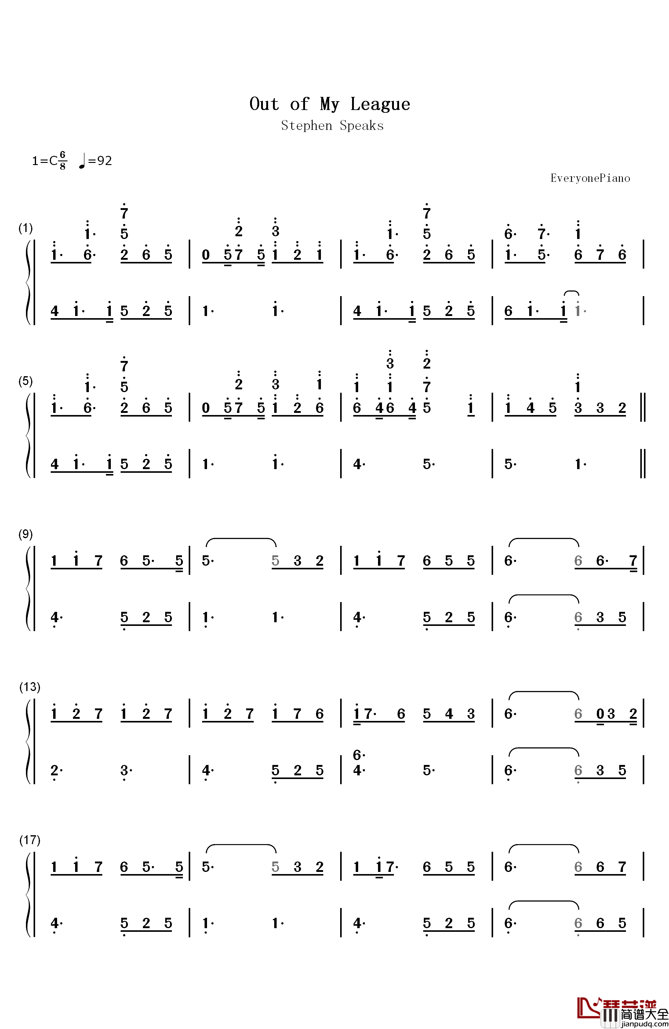 Out_Of_My_League钢琴简谱_数字双手_Stephen_Speaks