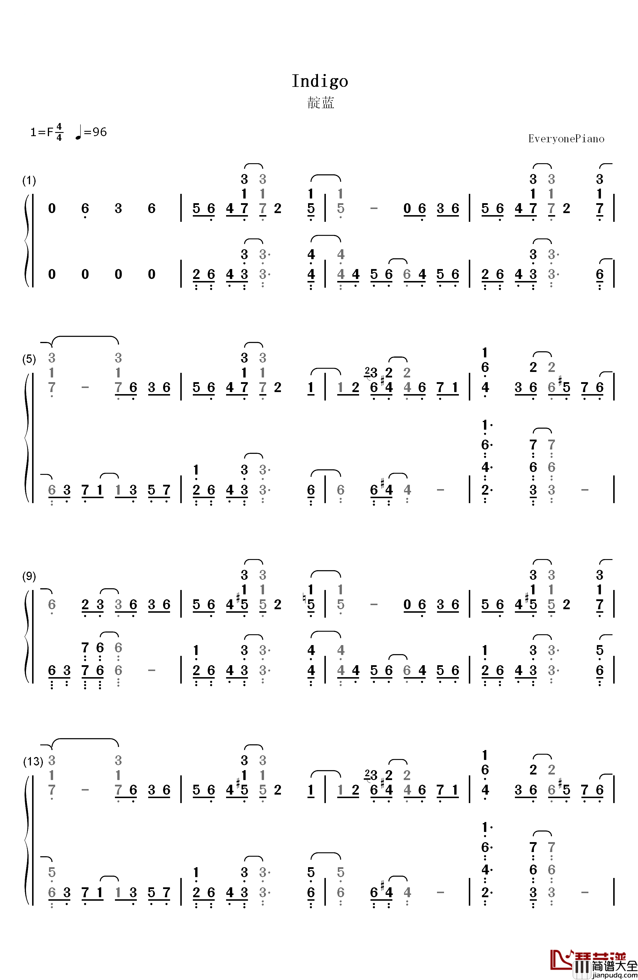 Indigo靛蓝钢琴简谱_数字双手_Yiruma