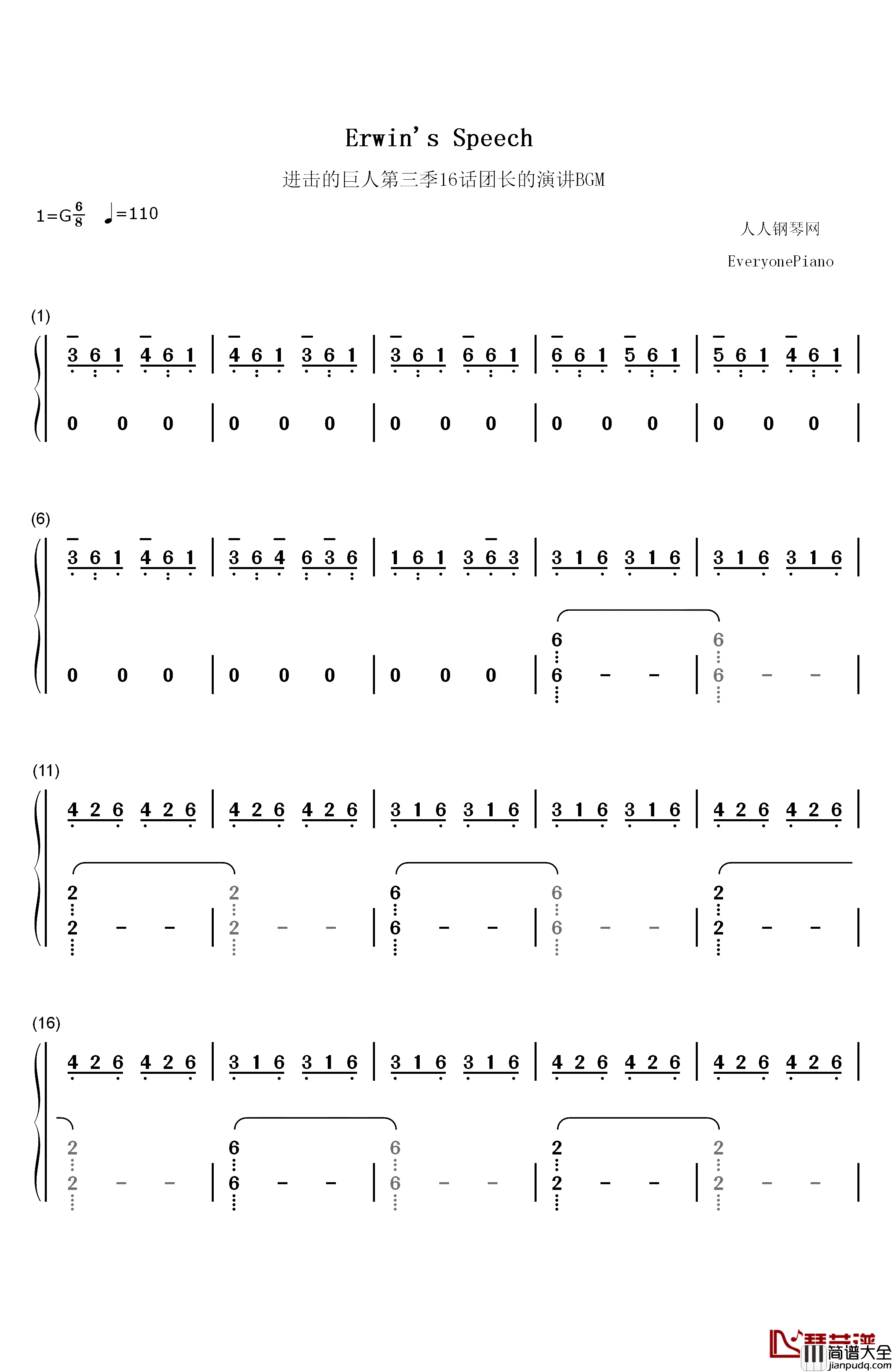 Erwins_Speech钢琴简谱_数字双手_泽野弘之