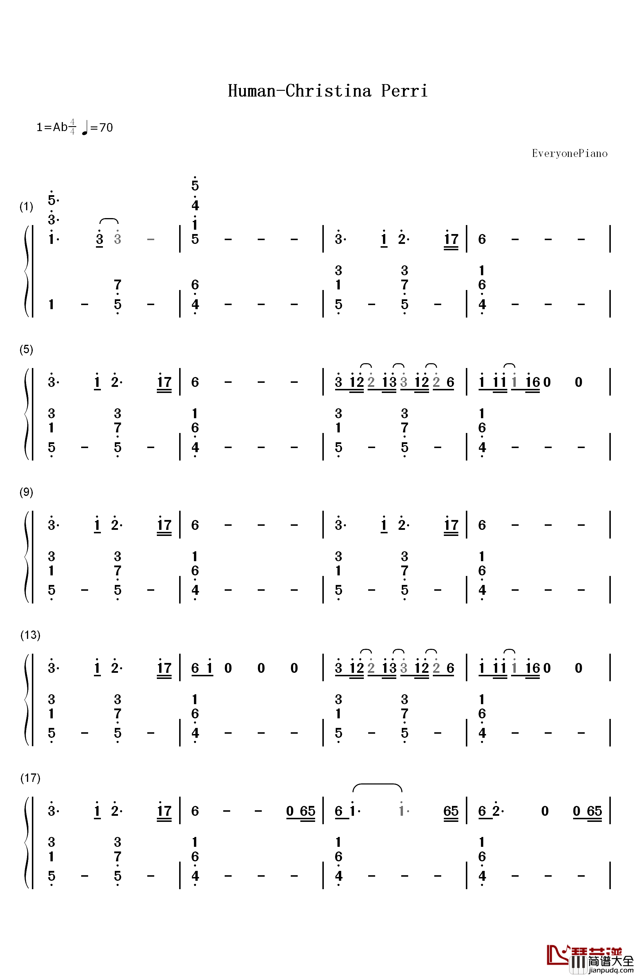 Human钢琴简谱_数字双手_Christina_Perri