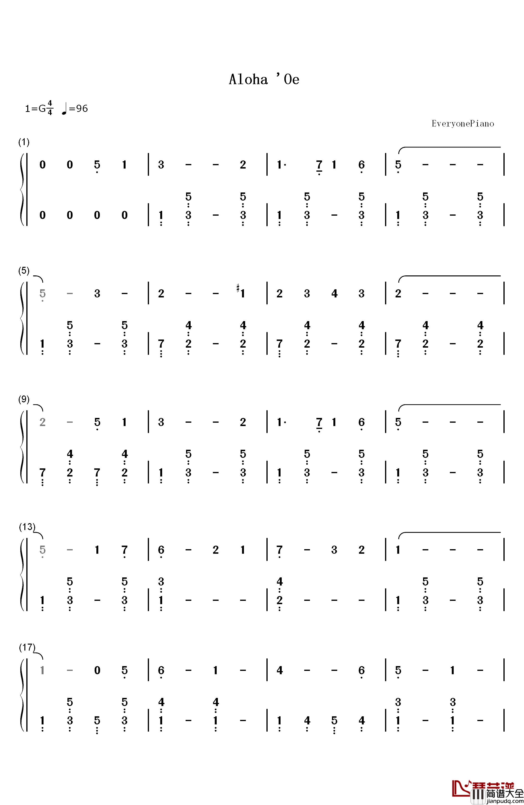 Aloha_'Oe钢琴简谱_数字双手_Liliuokalani