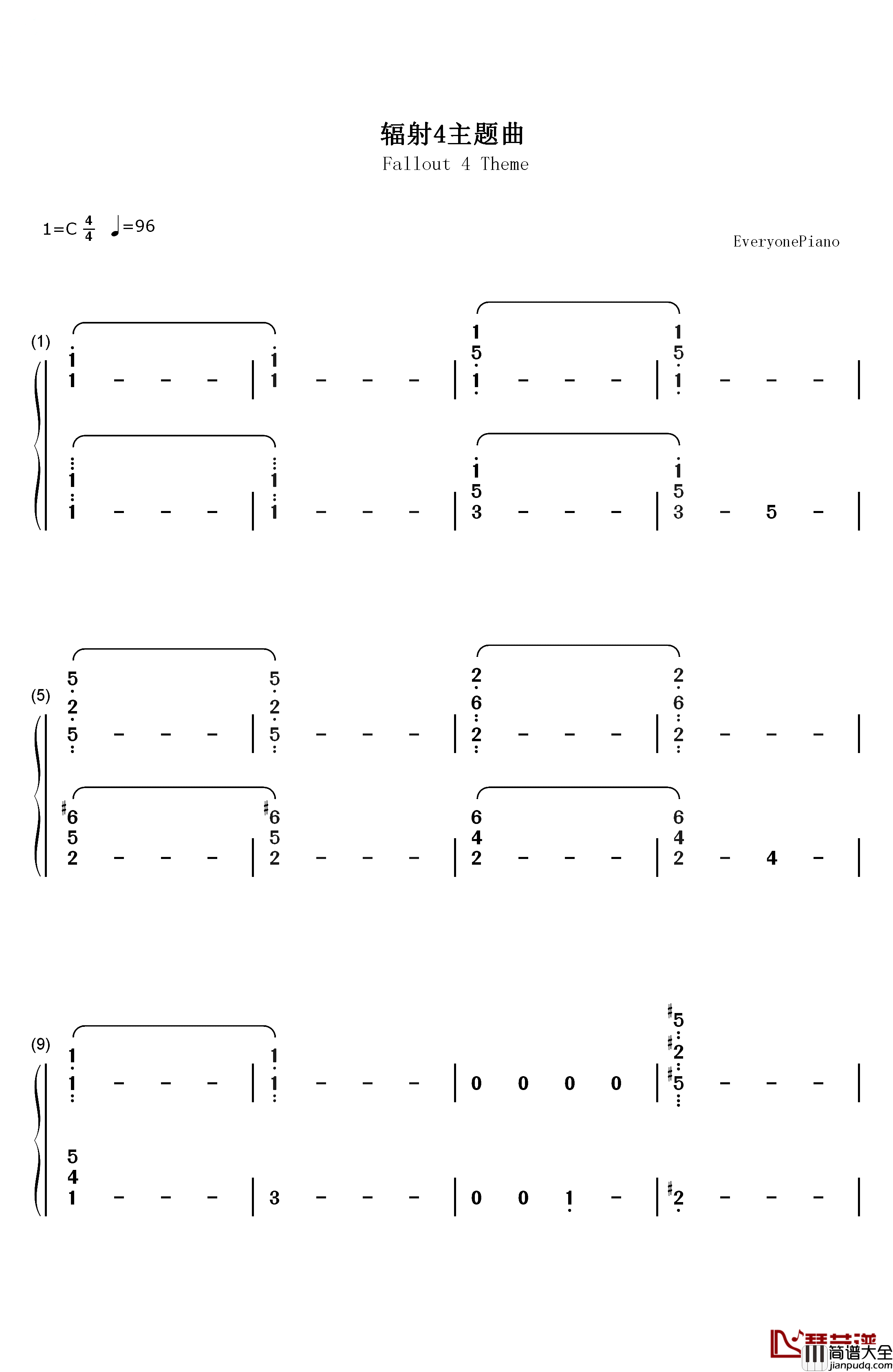 辐射4主题曲钢琴简谱_数字双手_Inon_Zur