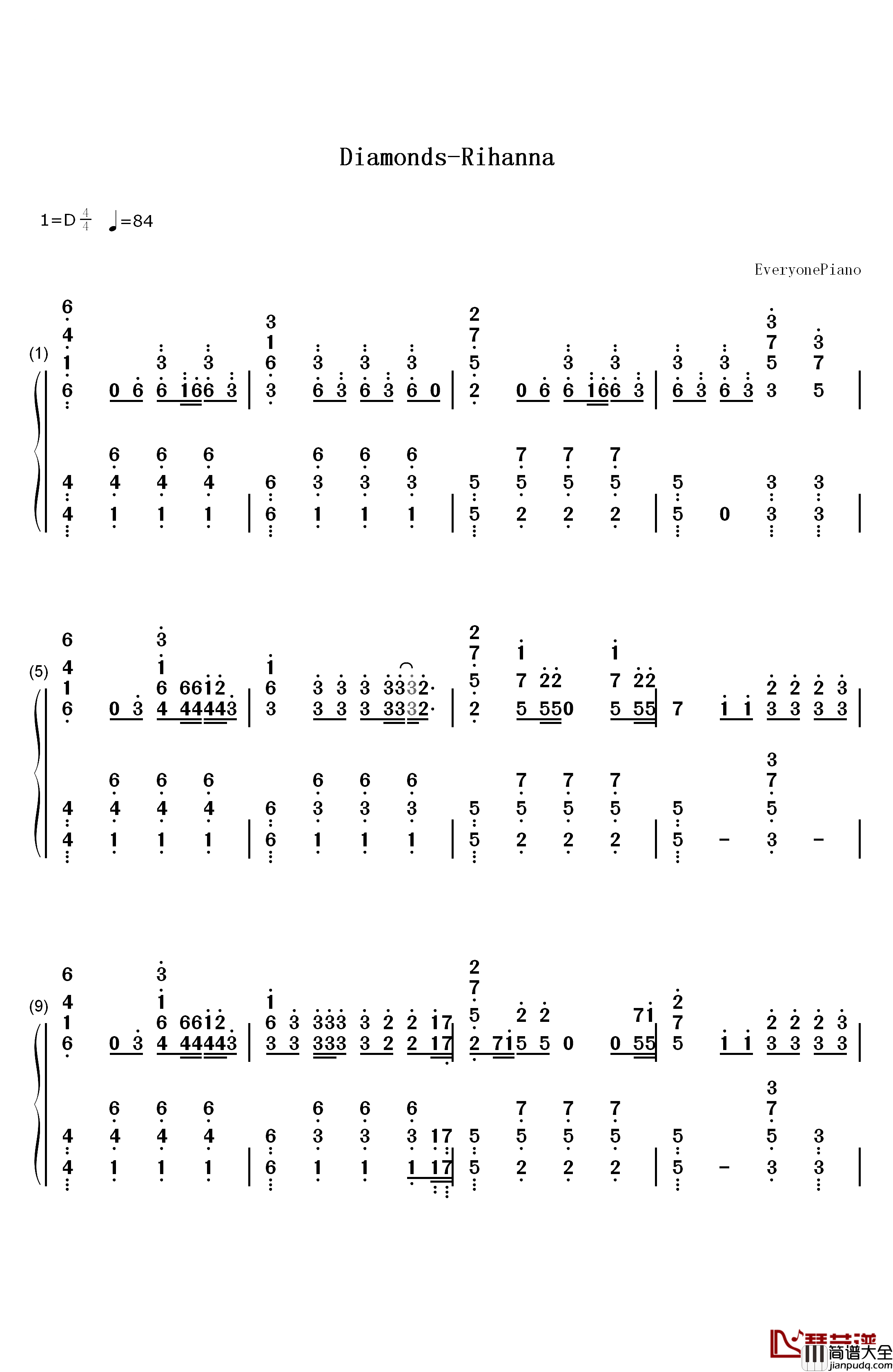 Diamonds钢琴简谱_数字双手_Rihanna