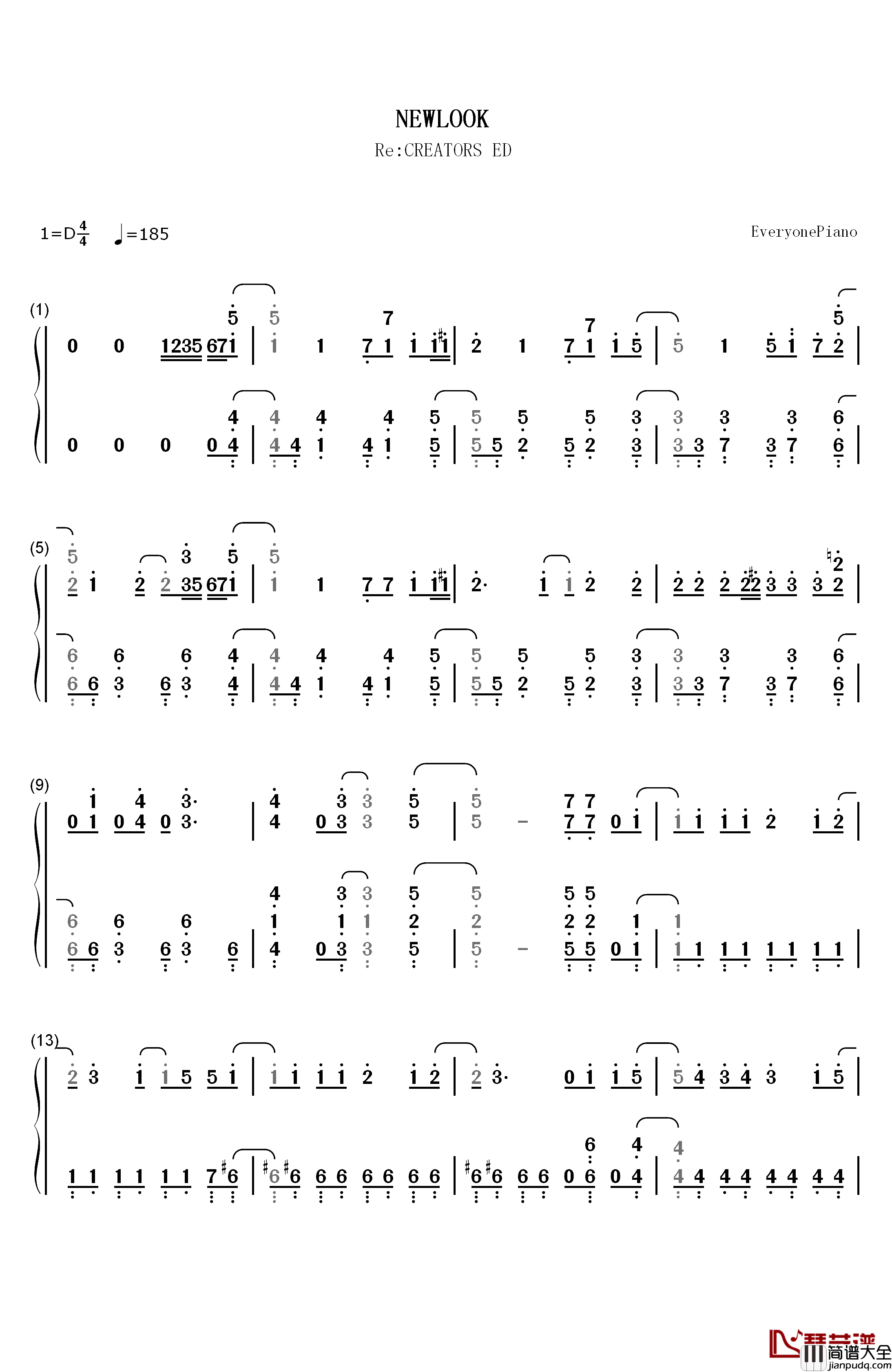 NEWLOOK钢琴简谱_数字双手_绫野真白